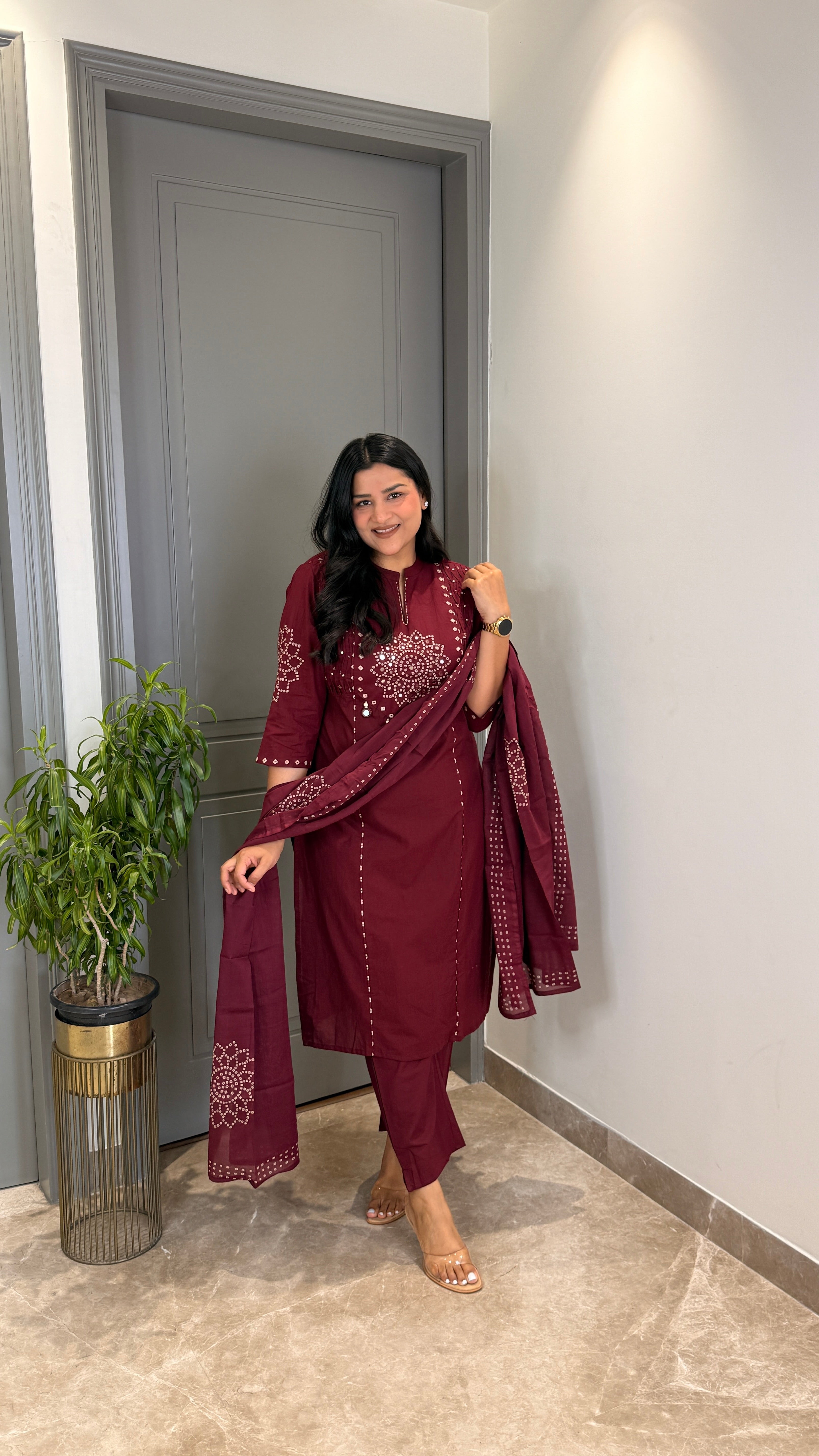 ⁠Wine Bandhej Straight Suit Set shrisa.in
