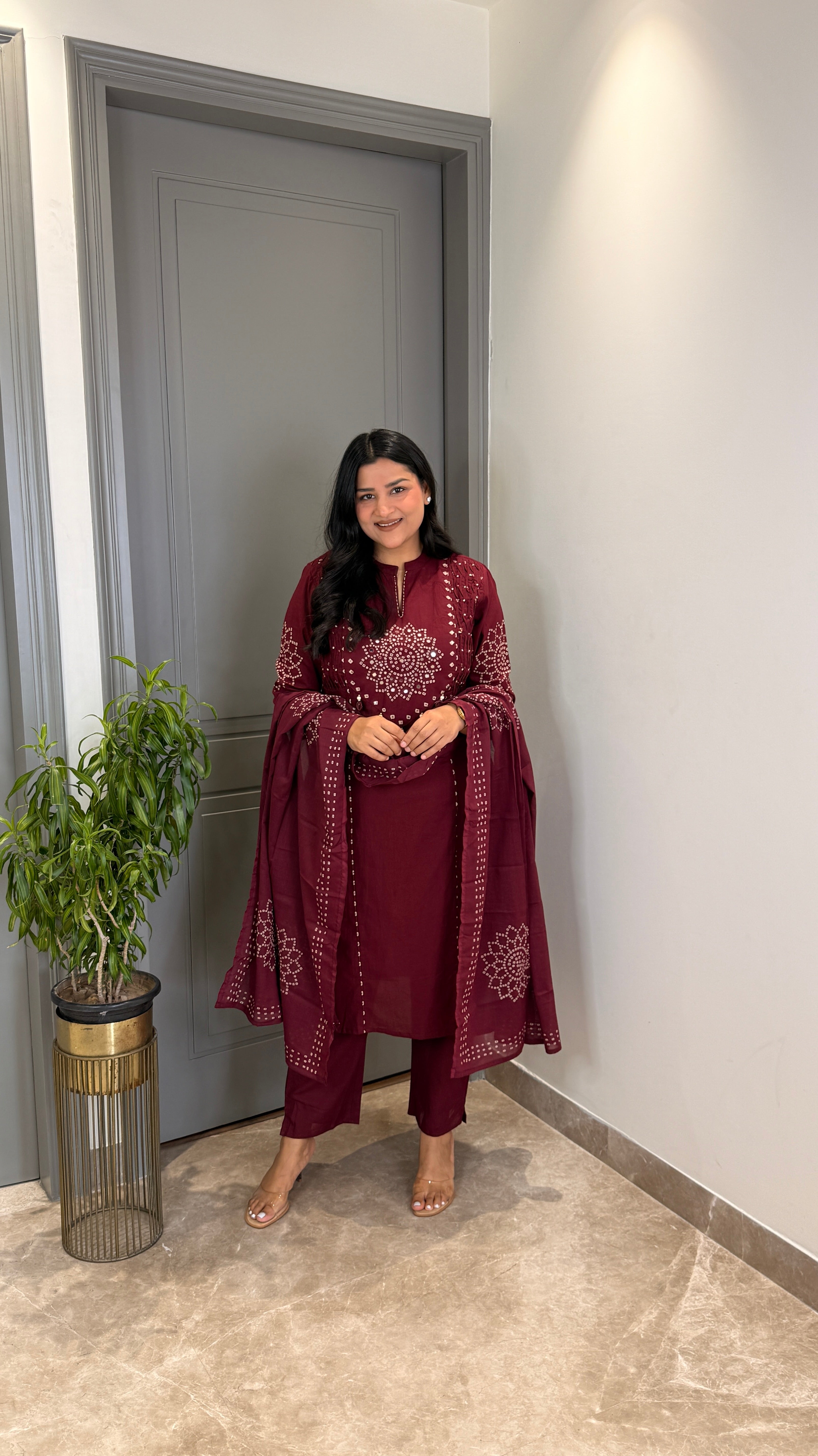 ⁠Wine Bandhej Straight Suit Set shrisa.in
