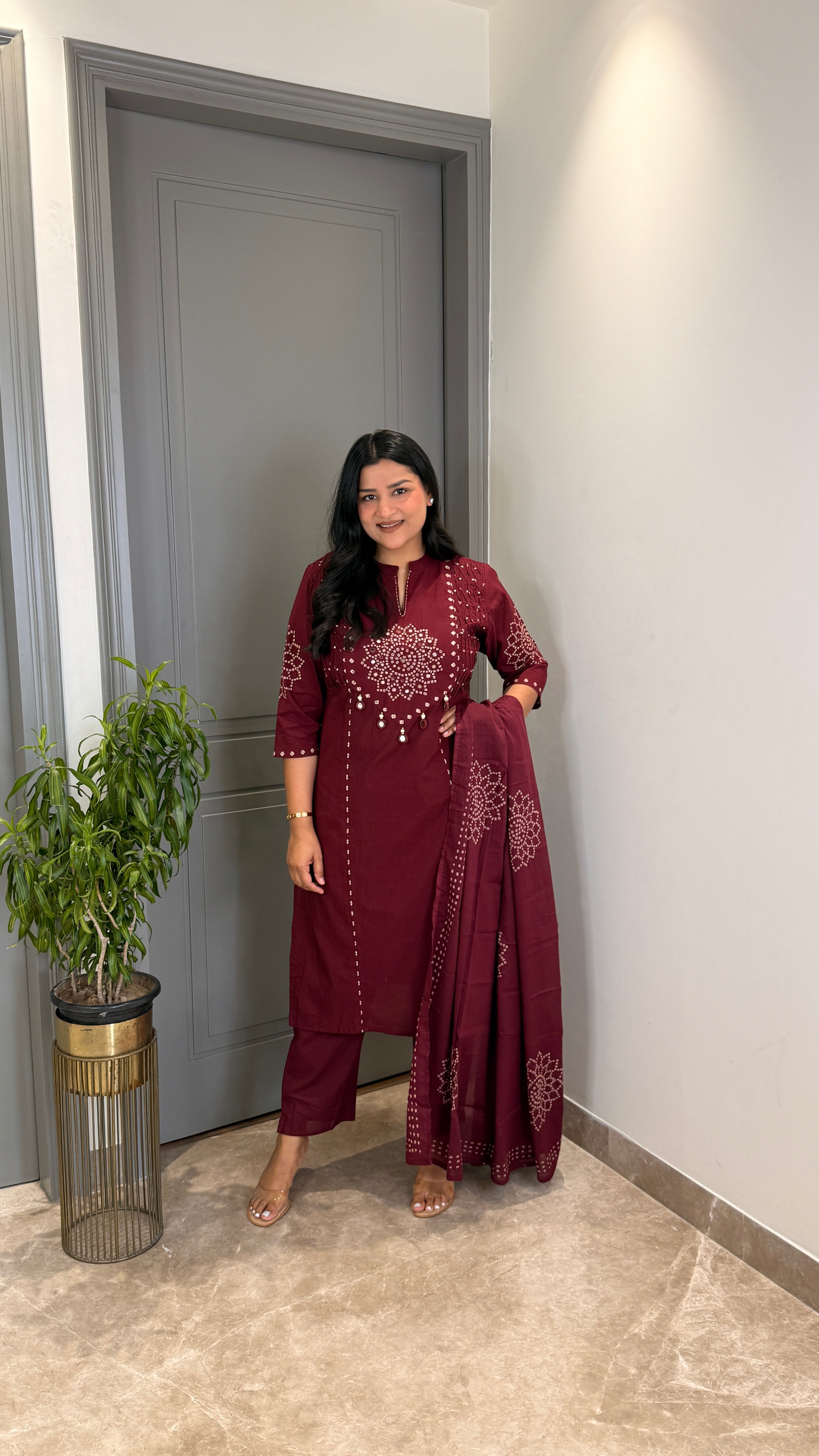 ⁠Wine Bandhej Straight Suit Set shrisa.in