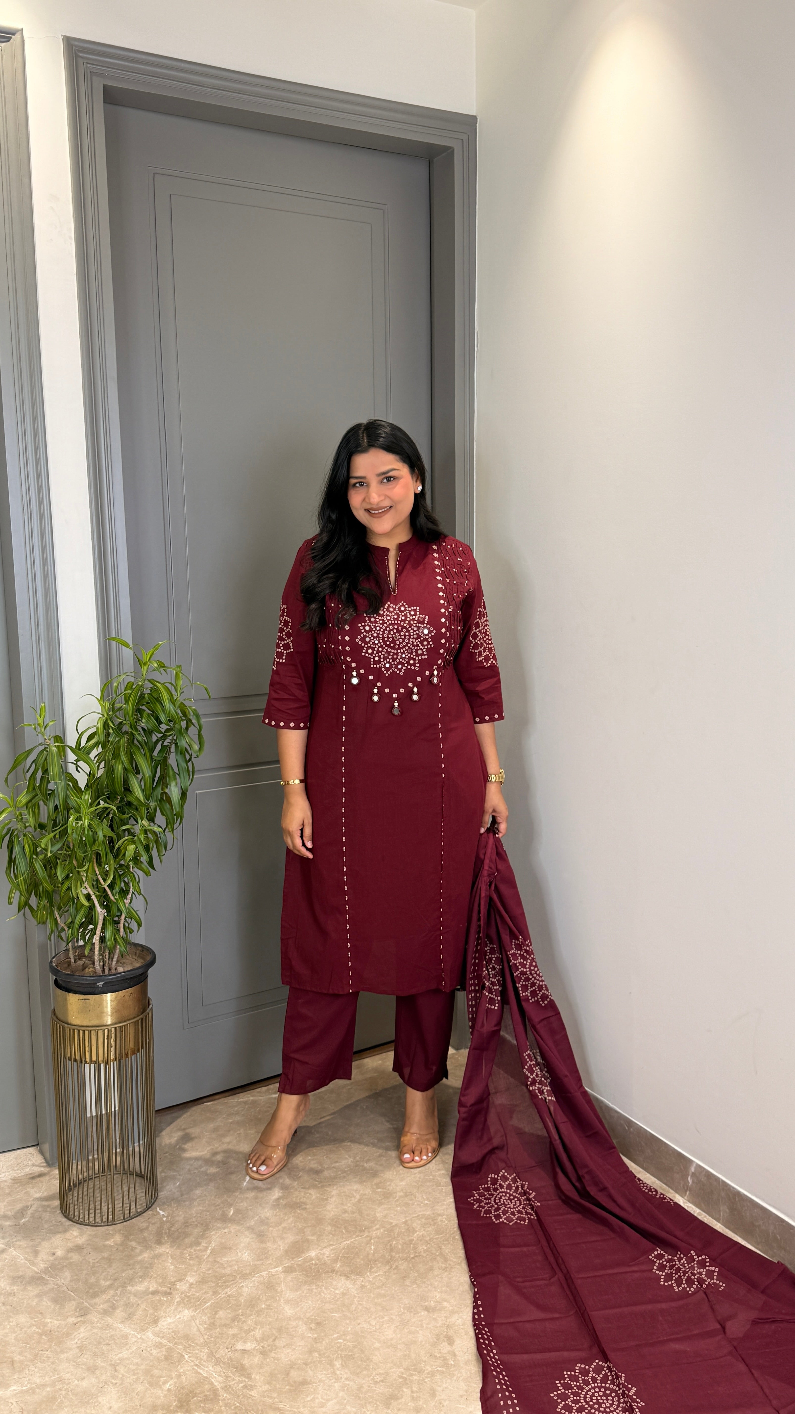 ⁠Wine Bandhej Straight Suit Set shrisa.in