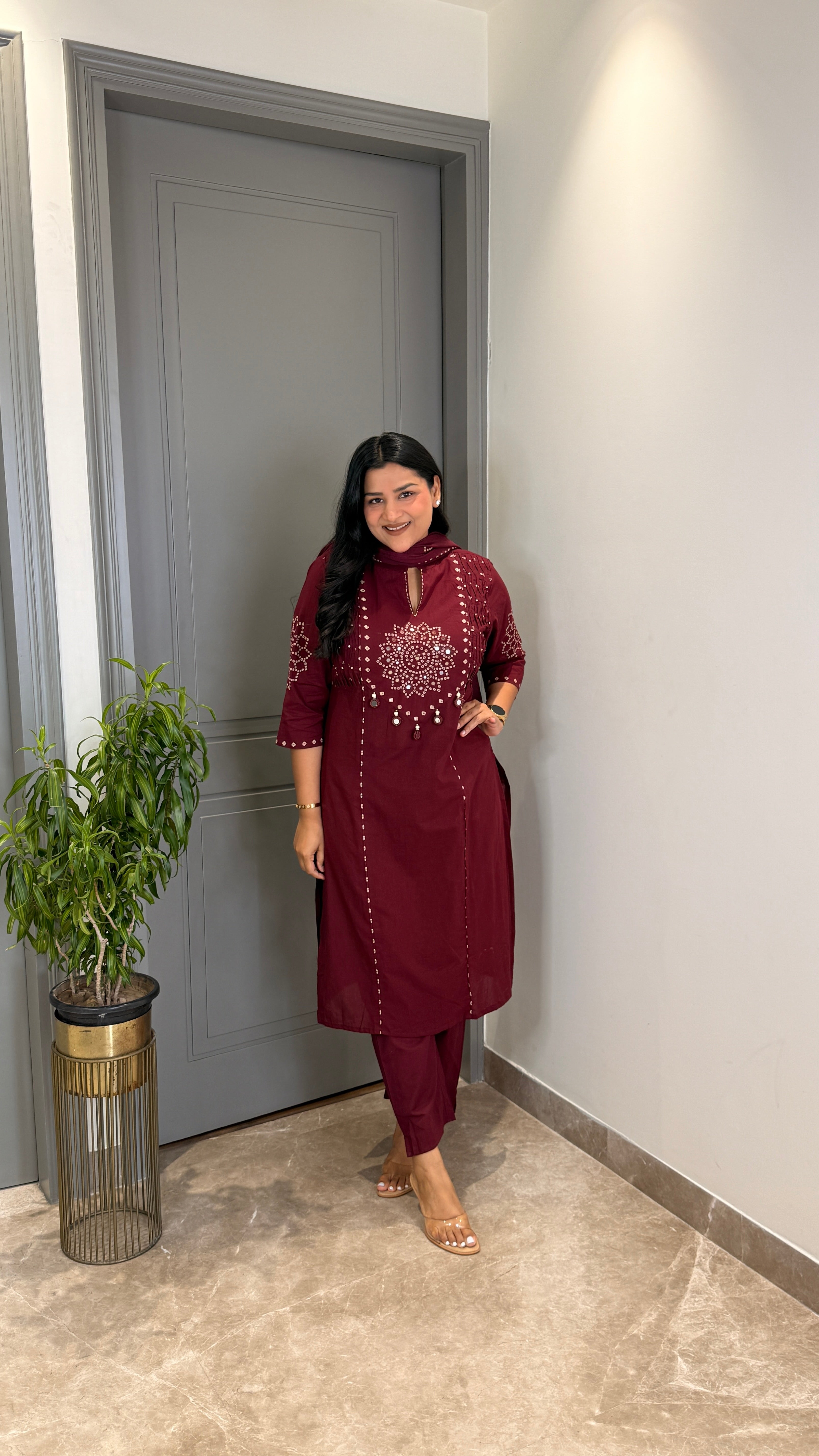 ⁠Wine Bandhej Straight Suit Set shrisa.in