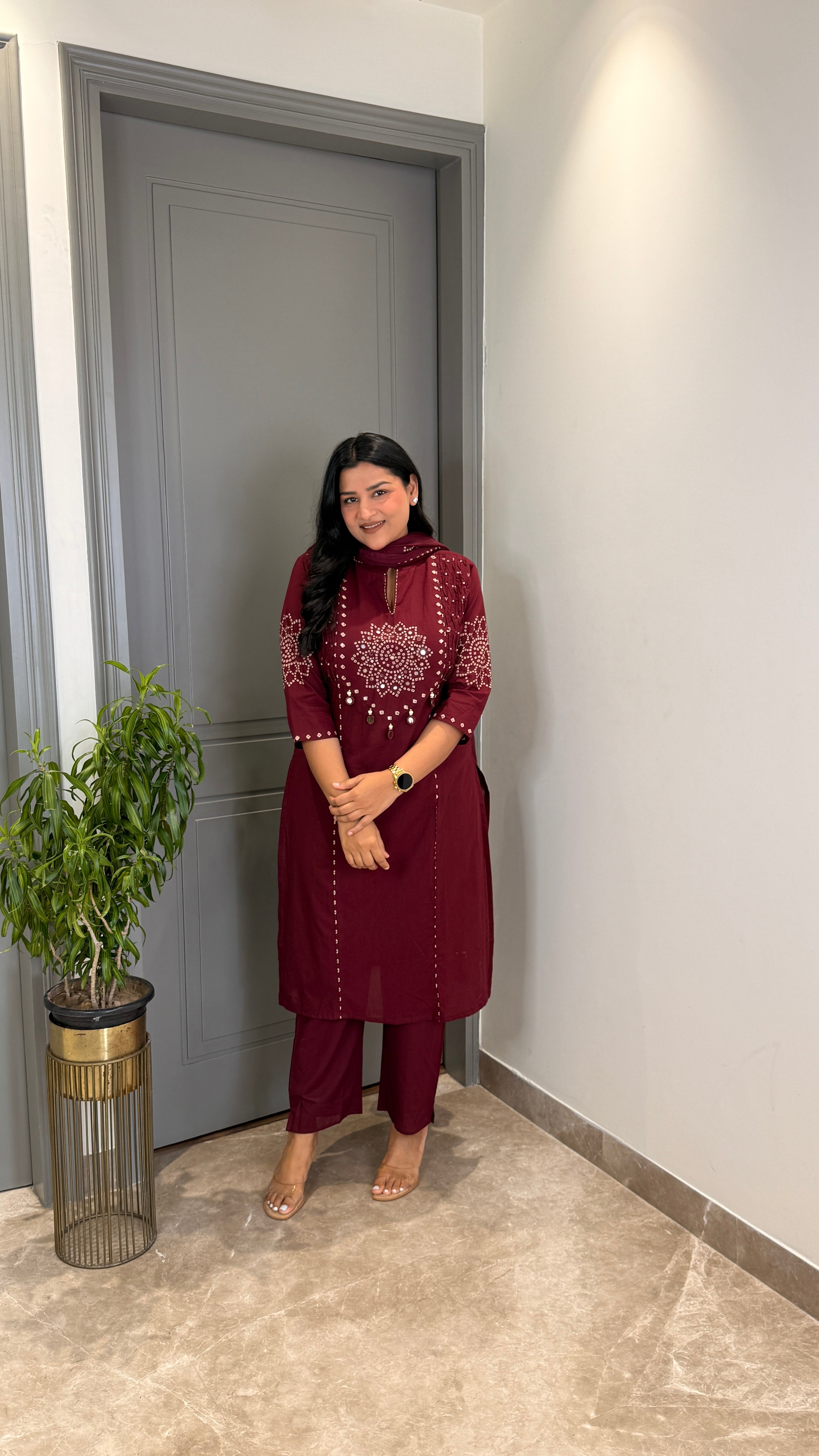 ⁠Wine Bandhej Straight Suit Set shrisa.in