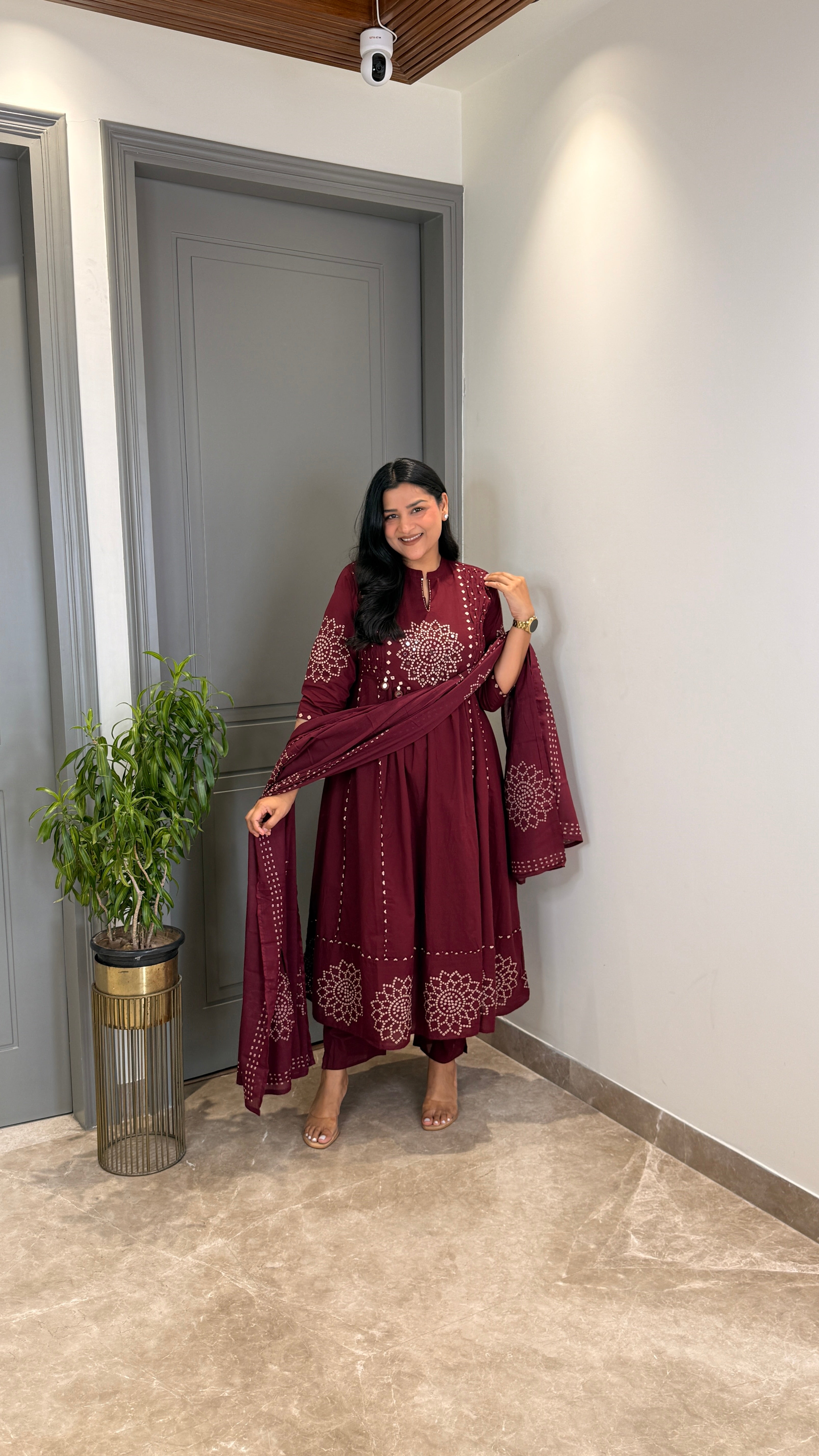 Wine Bandhej Anarkali Suit Set shrisa.in