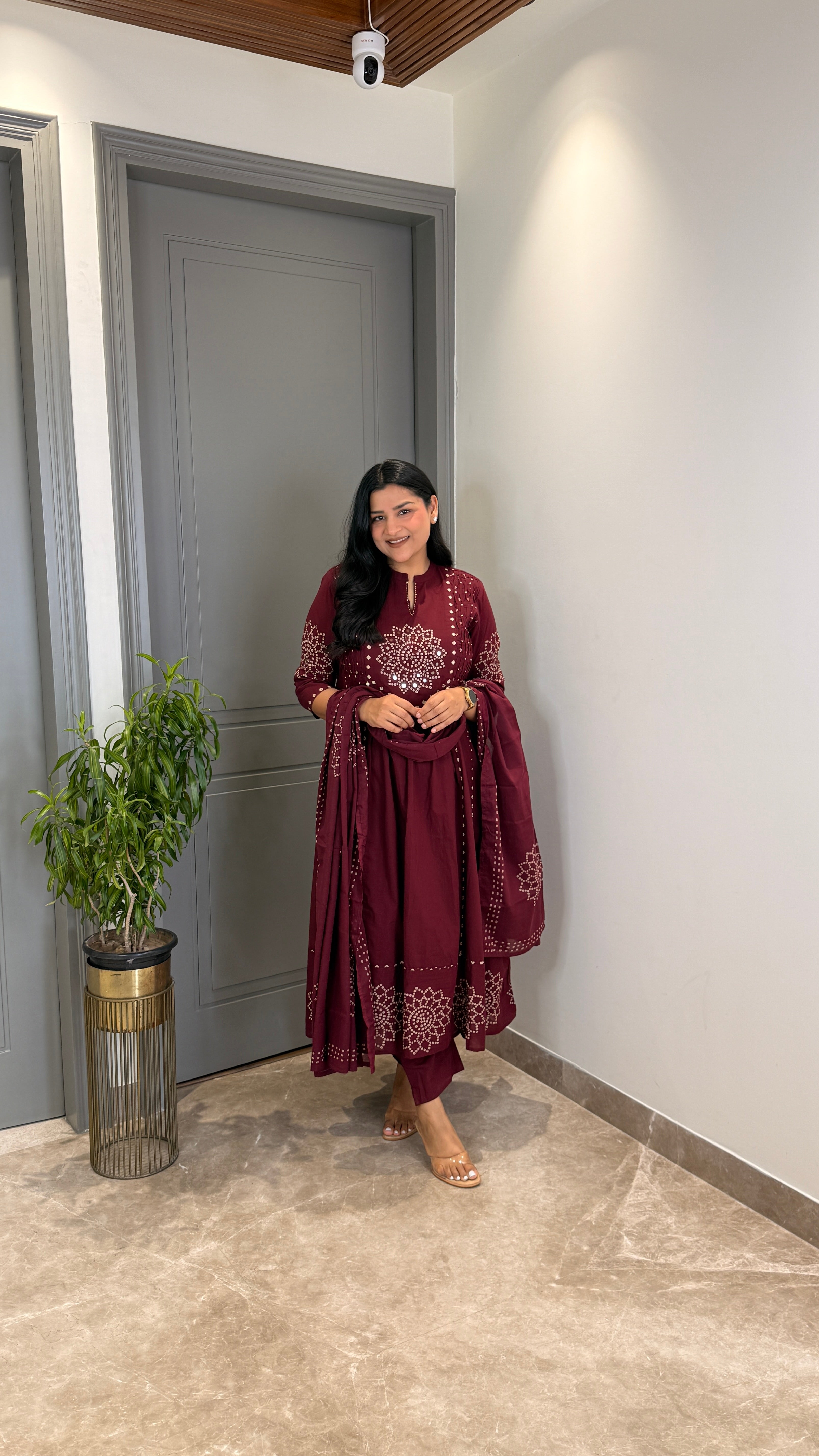 Wine Bandhej Anarkali Suit Set shrisa.in