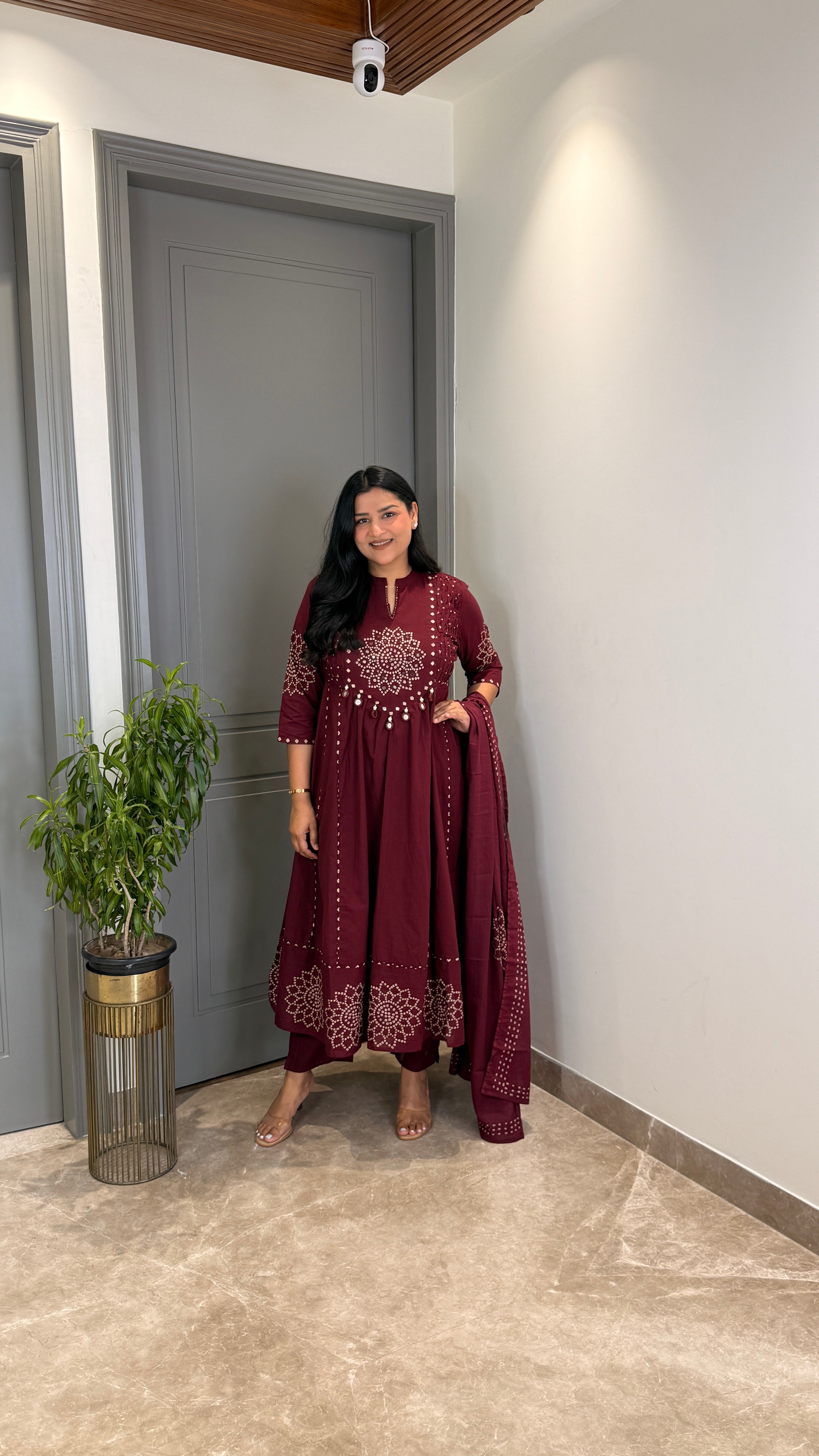 Wine Bandhej Anarkali Suit Set shrisa.in