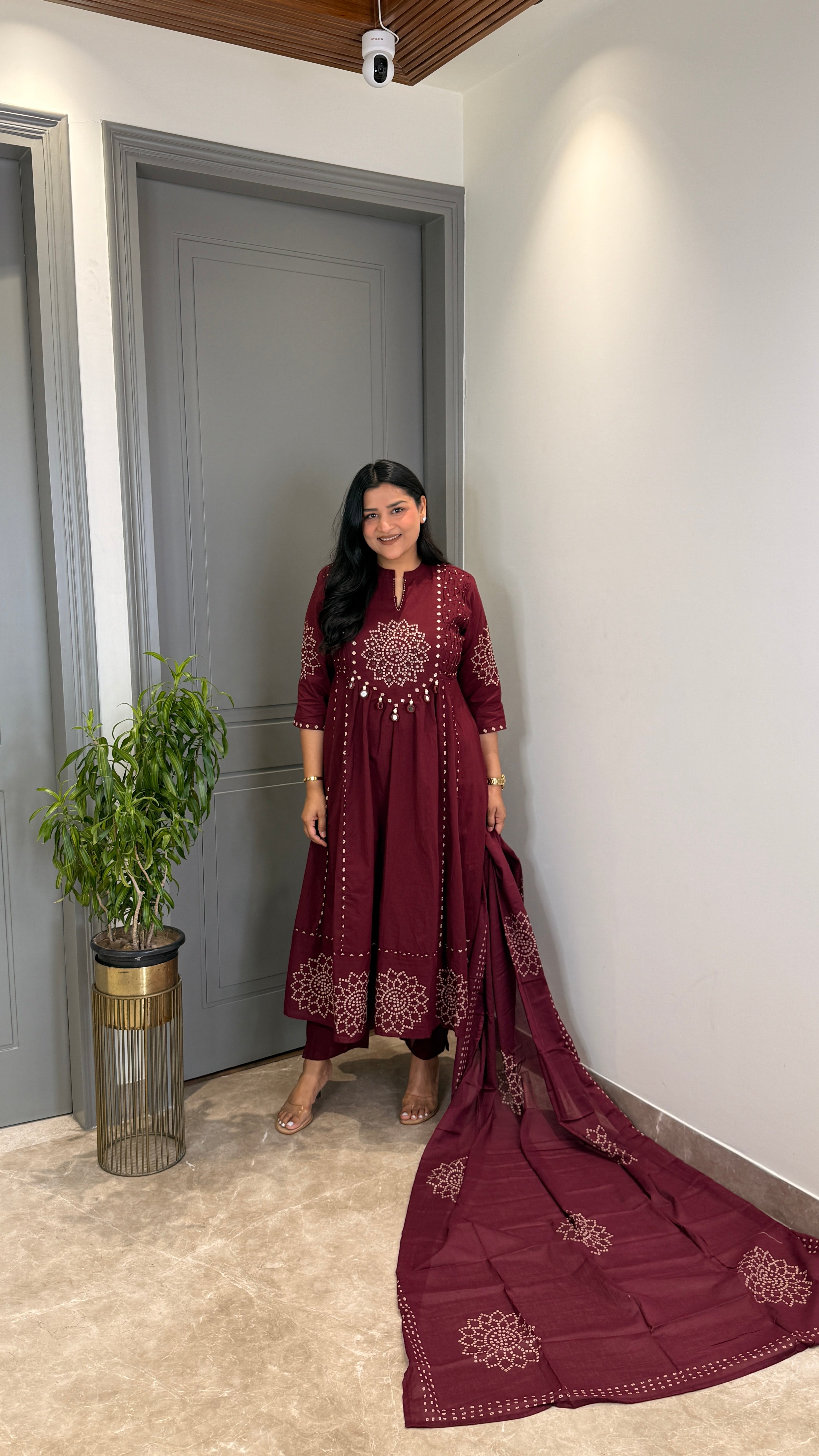 Wine Bandhej Anarkali Suit Set shrisa.in