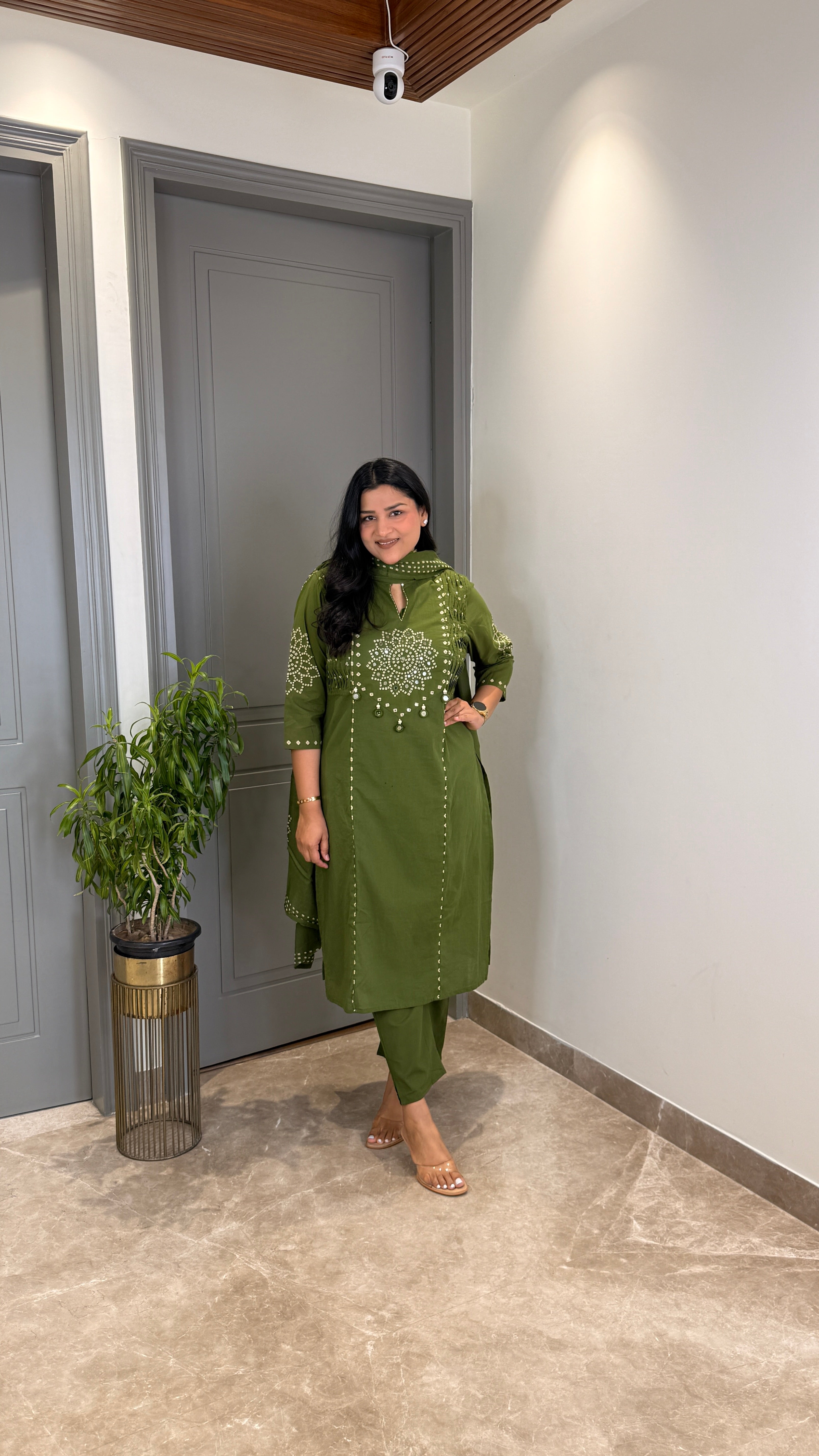 Green Bandhej Straight Suit Set shrisa.in