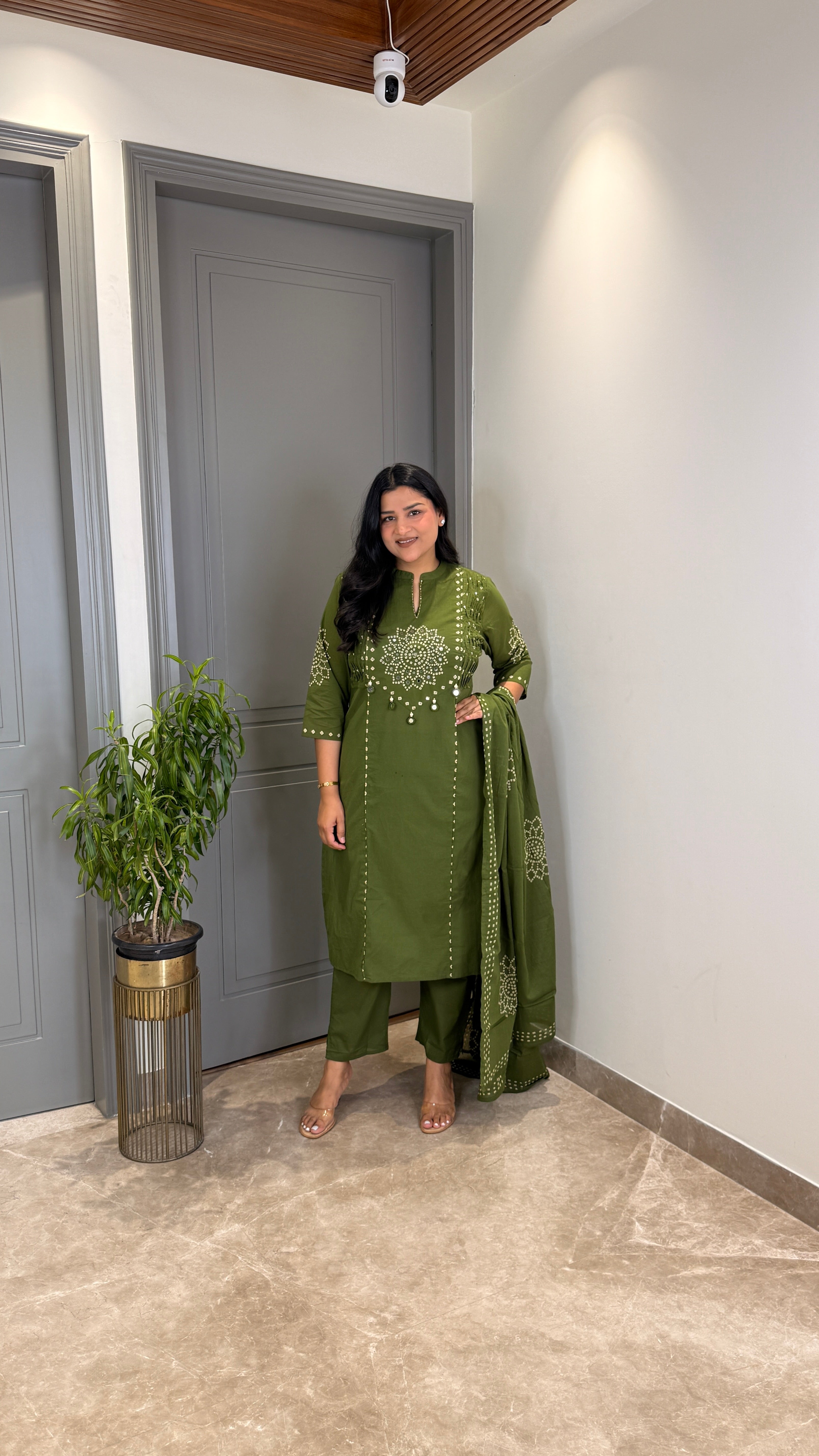 Green Bandhej Straight Suit Set shrisa.in