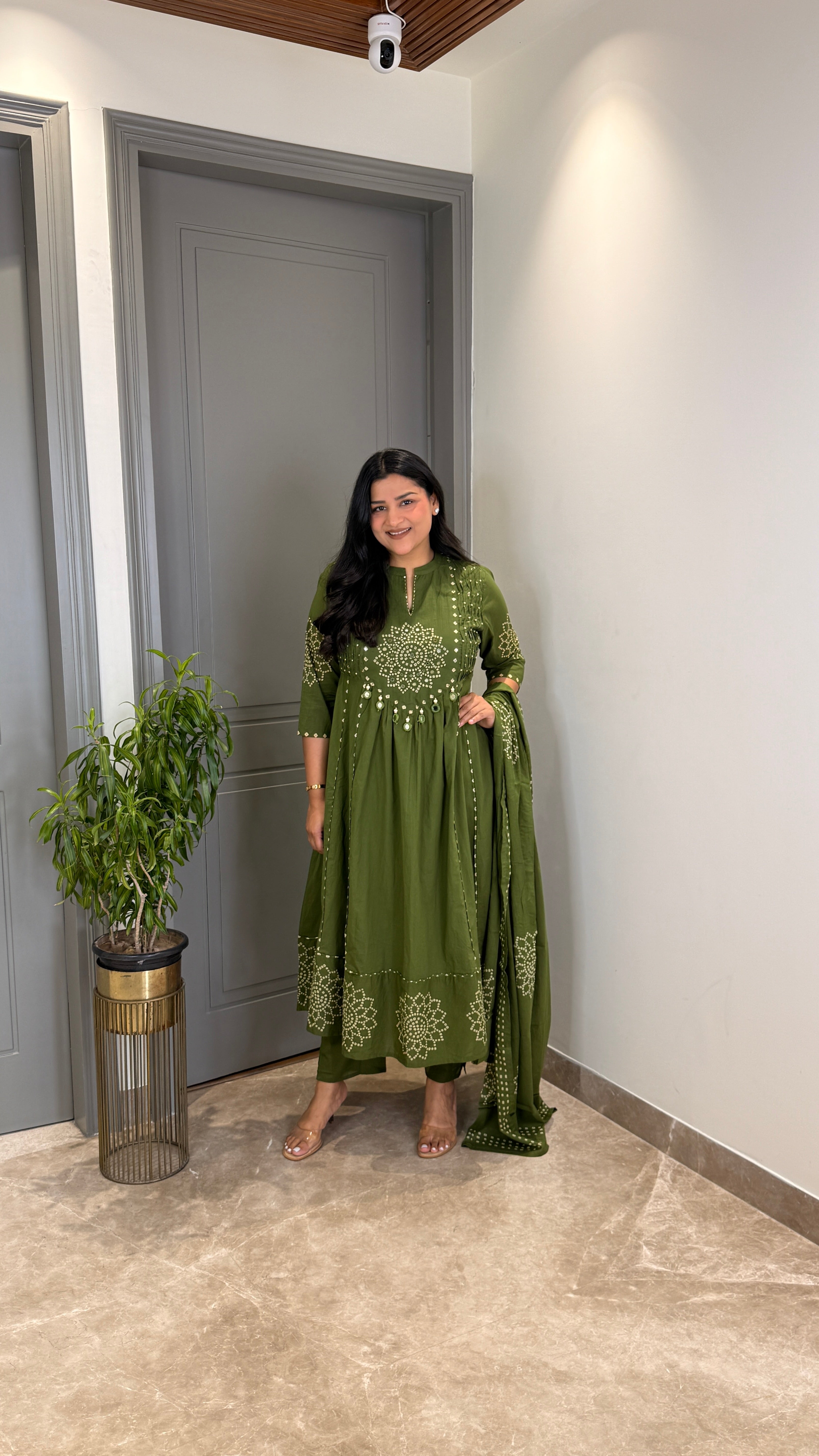 Green Bandhej Anarkali Suit Set shrisa.in