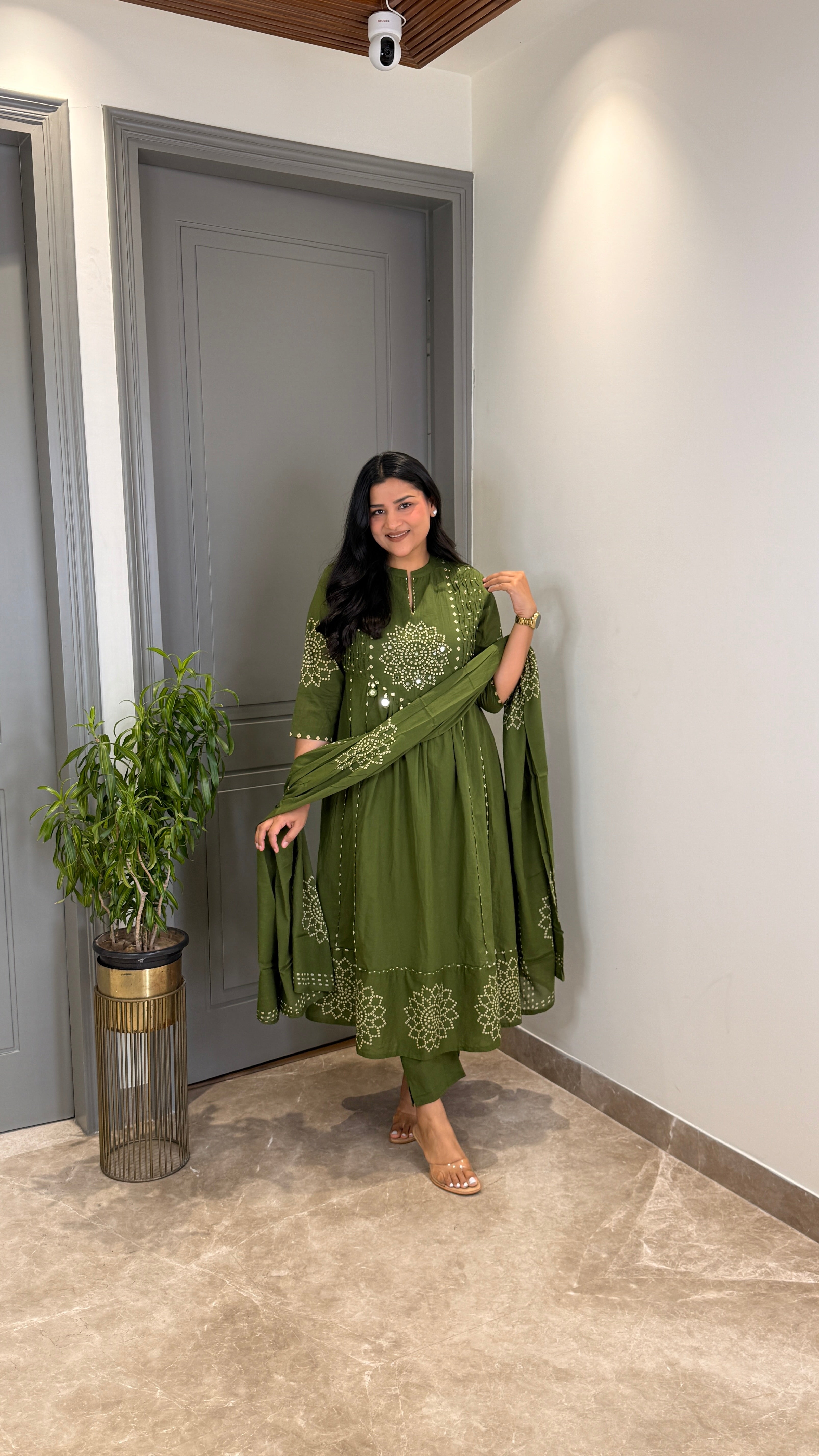 Green Bandhej Anarkali Suit Set shrisa.in