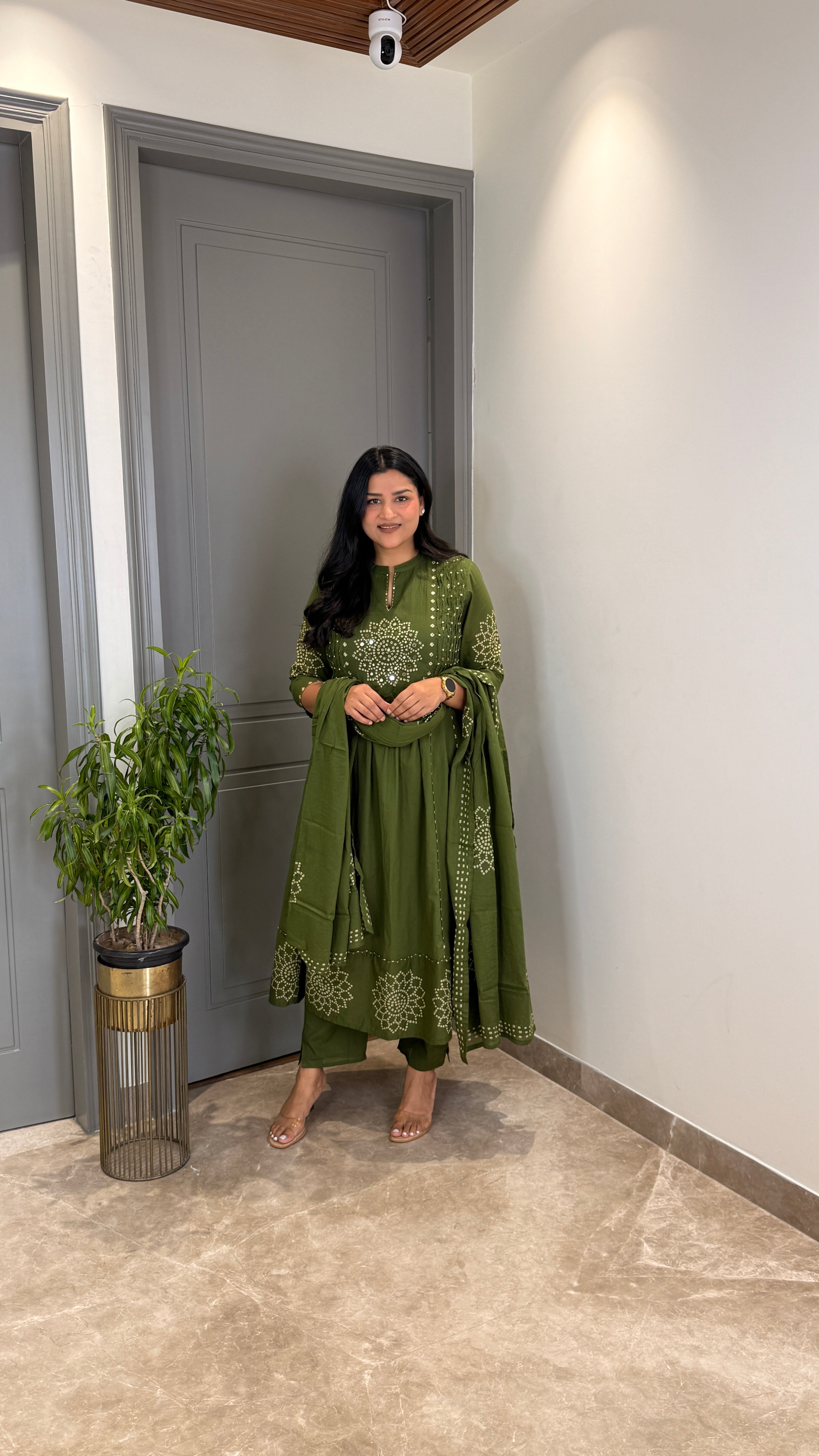 Green Bandhej Anarkali Suit Set shrisa.in