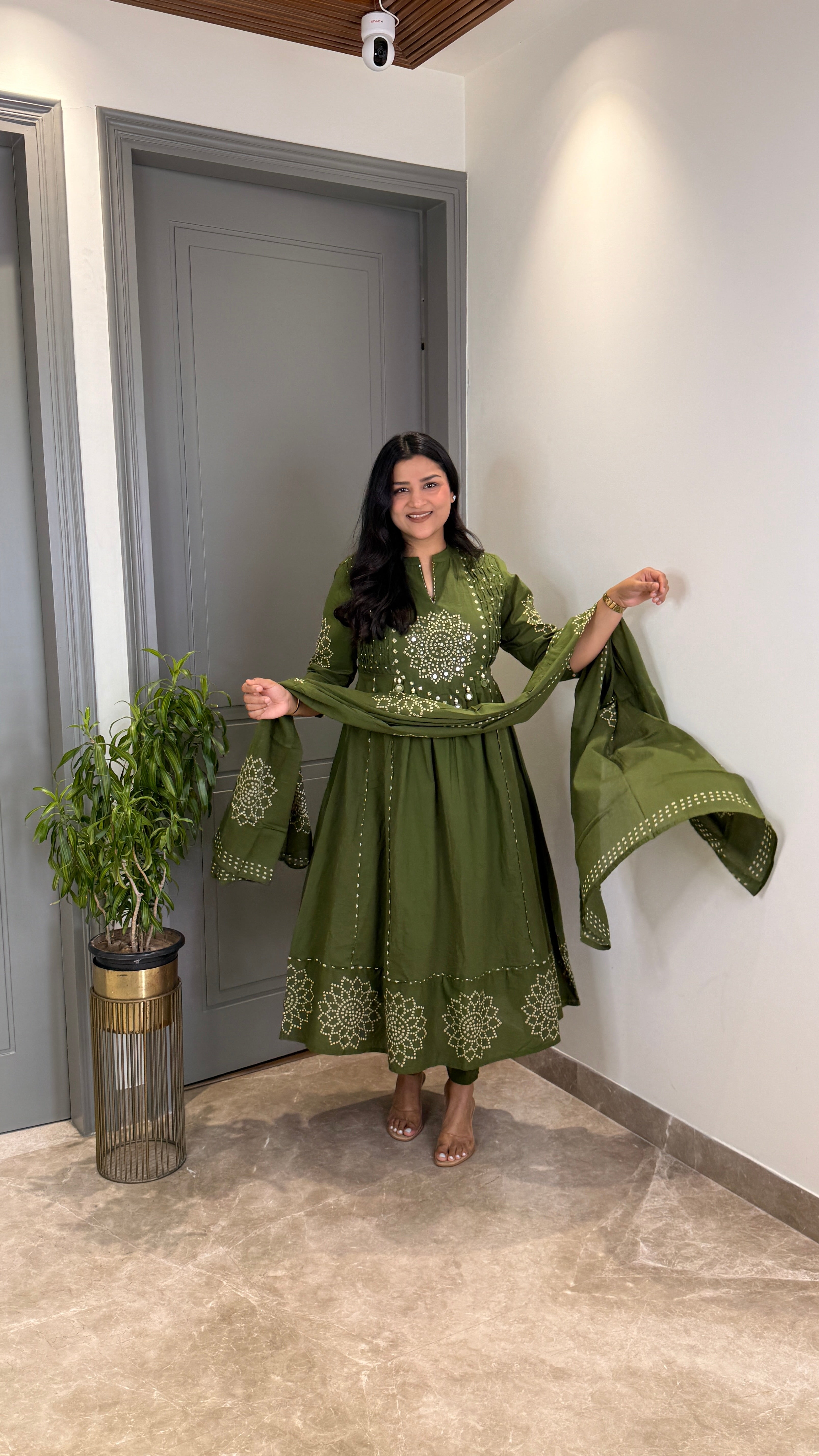 Green Bandhej Anarkali Suit Set shrisa.in