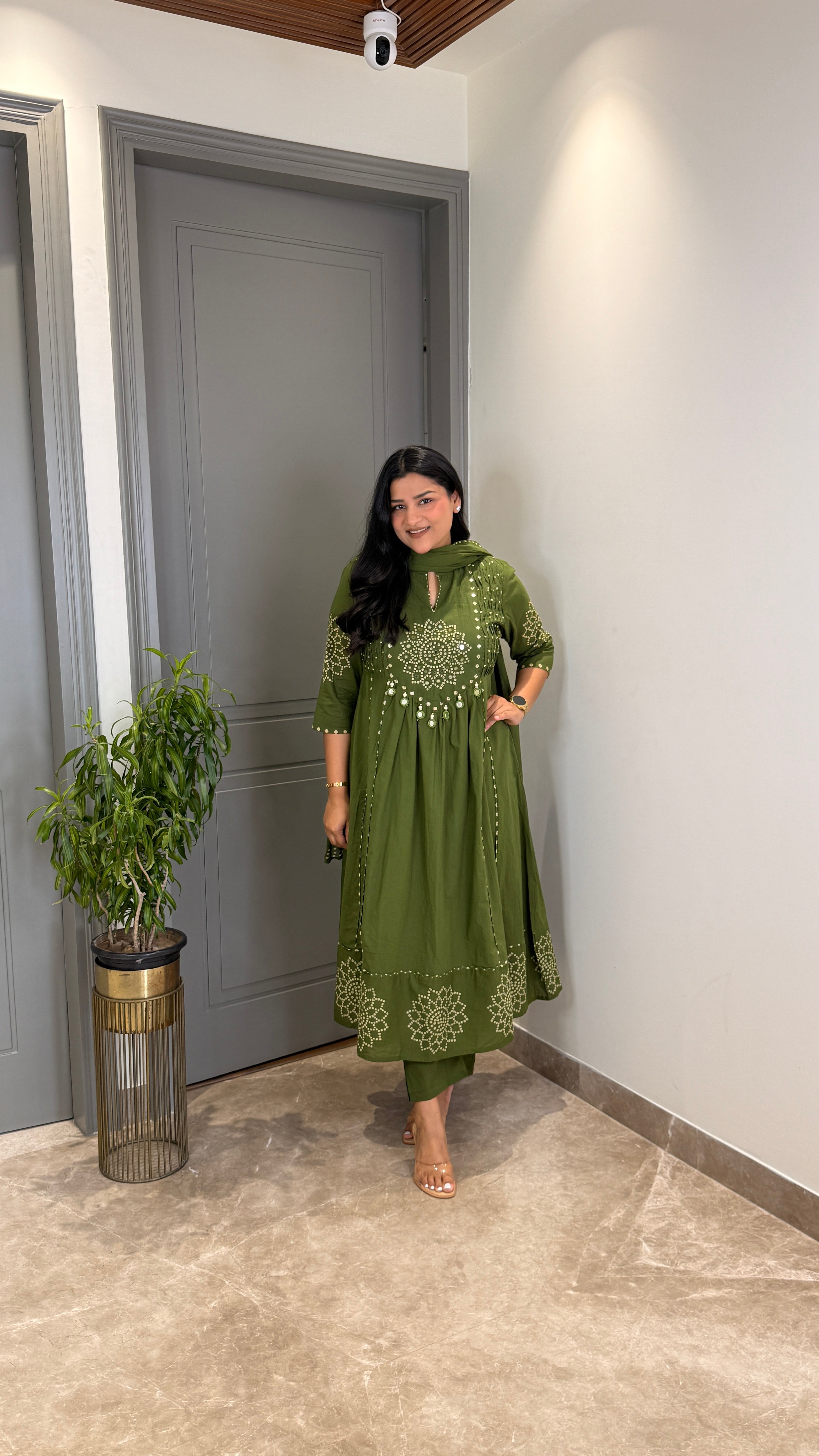 Green Bandhej Anarkali Suit Set shrisa.in