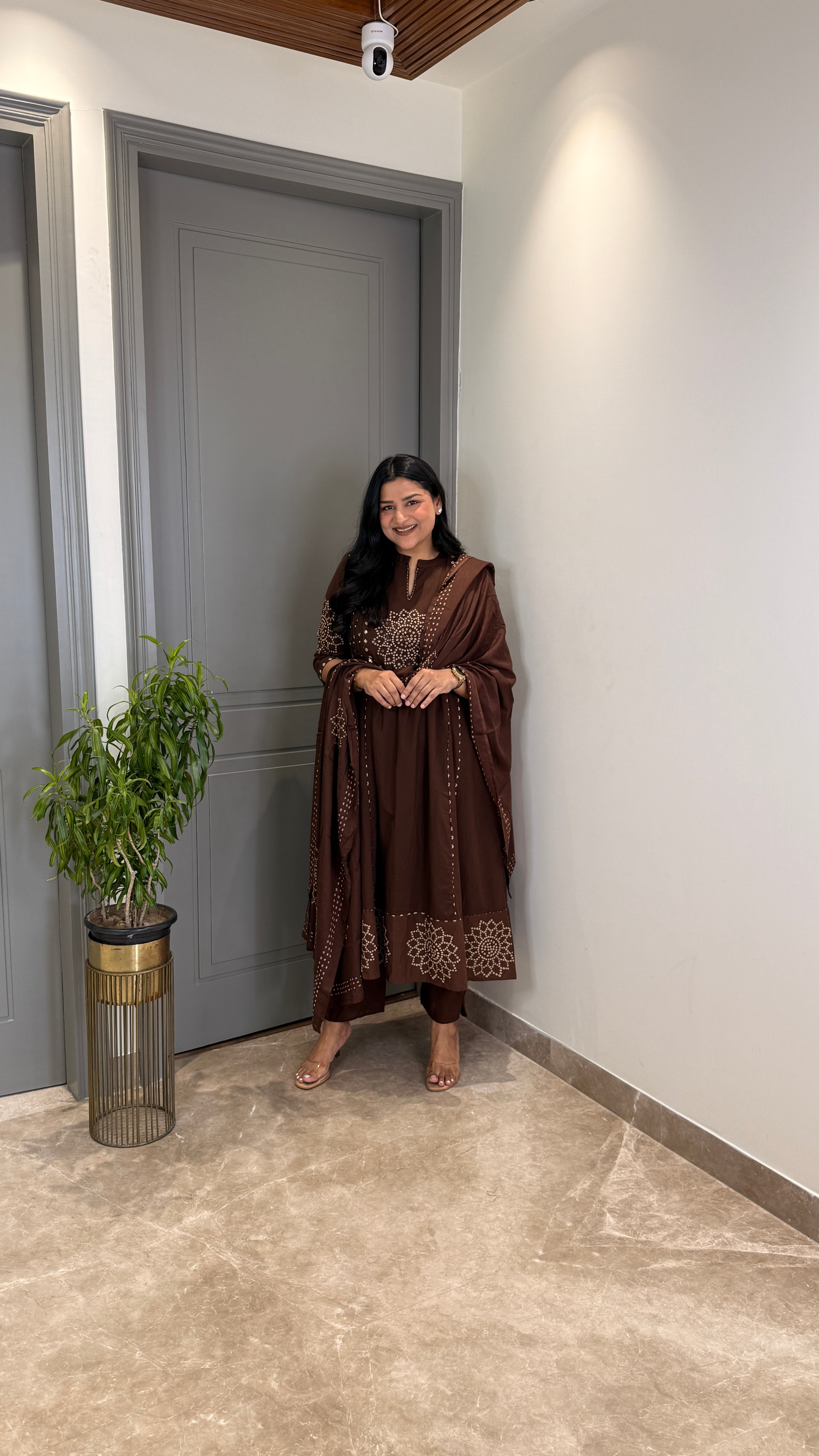 Brown Bandhej Anarkali Suit Set shrisa.in