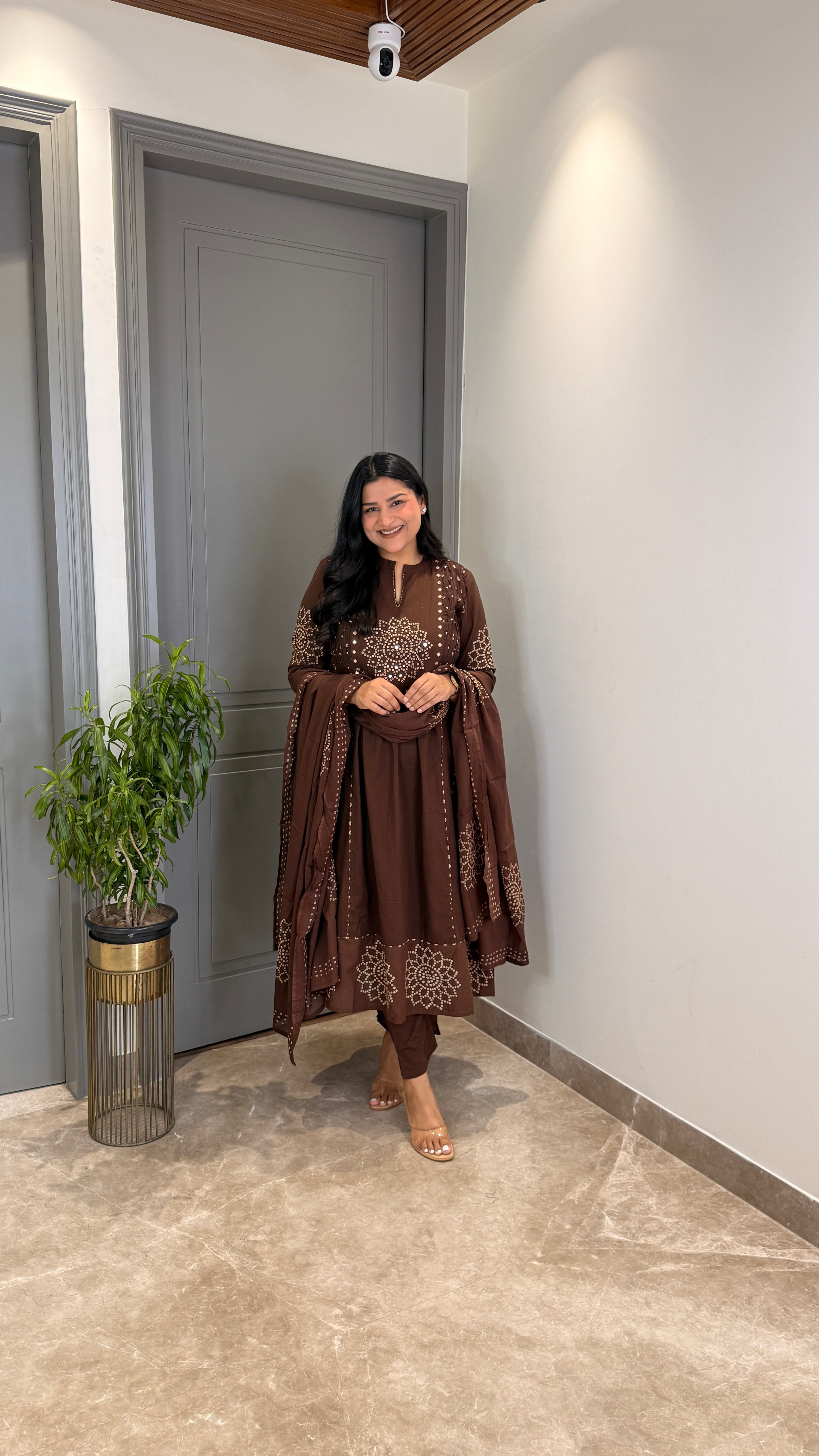 Brown Bandhej Anarkali Suit Set shrisa.in