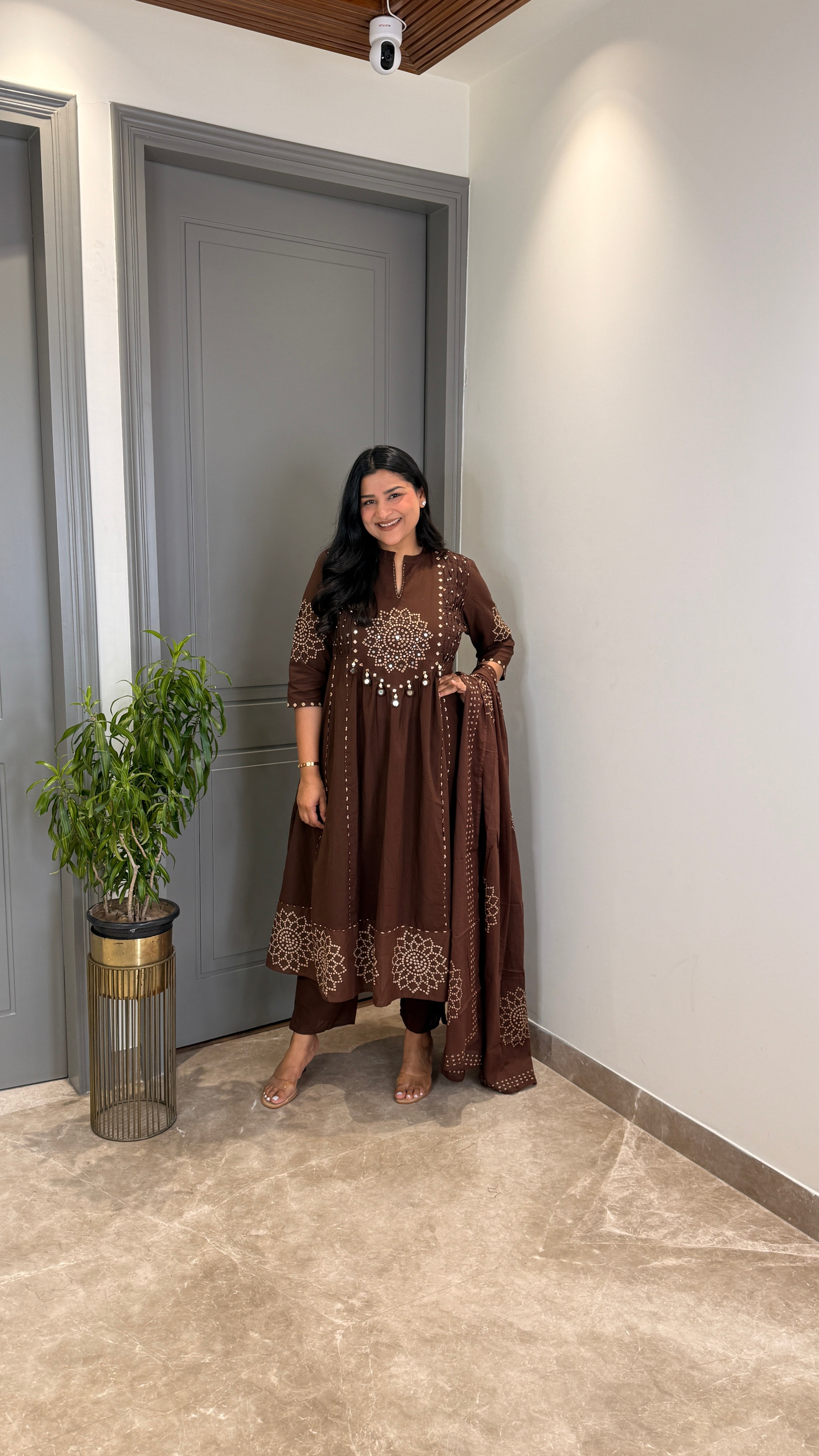 Brown Bandhej Anarkali Suit Set shrisa.in