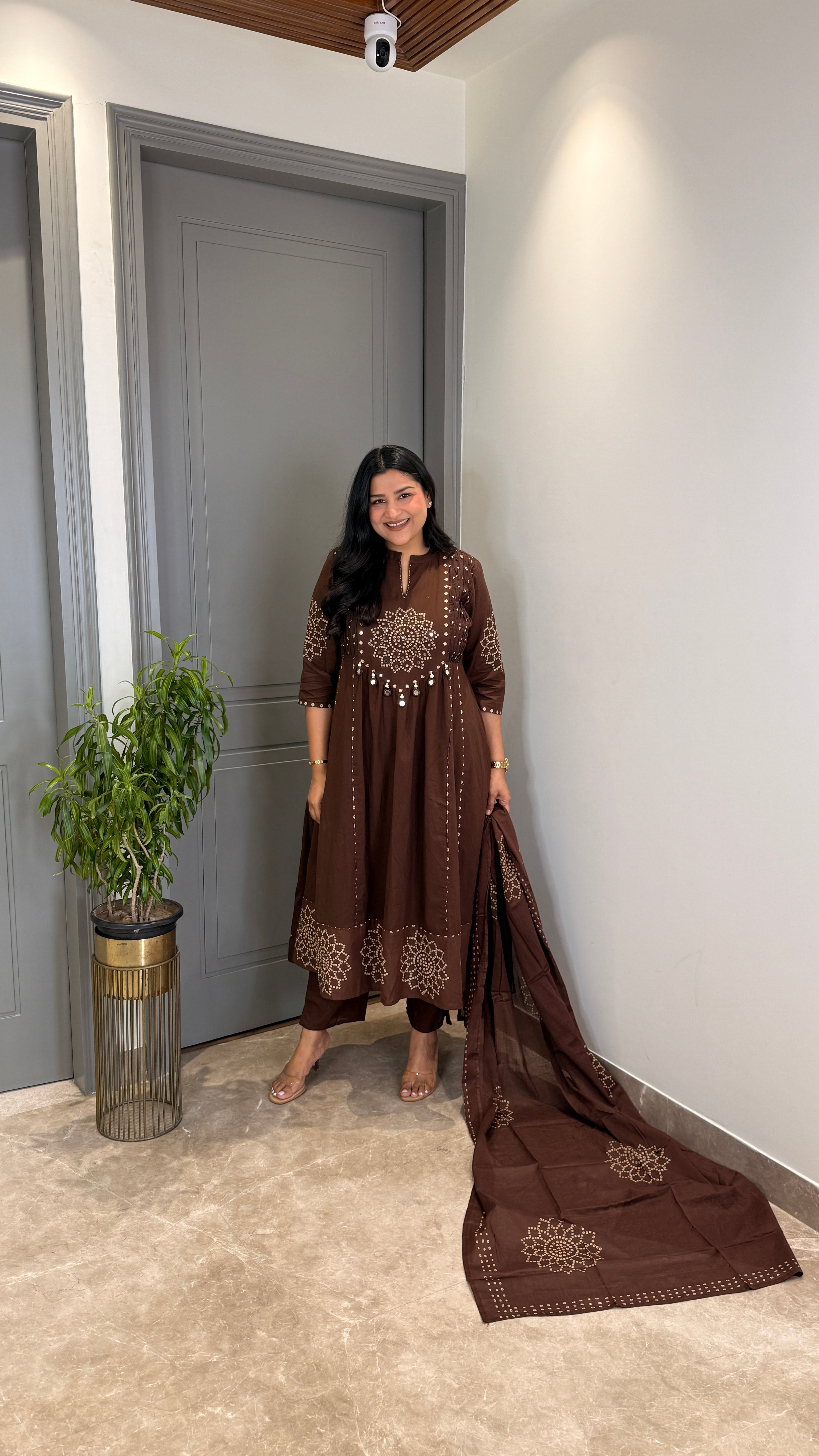 Brown Bandhej Anarkali Suit Set shrisa.in