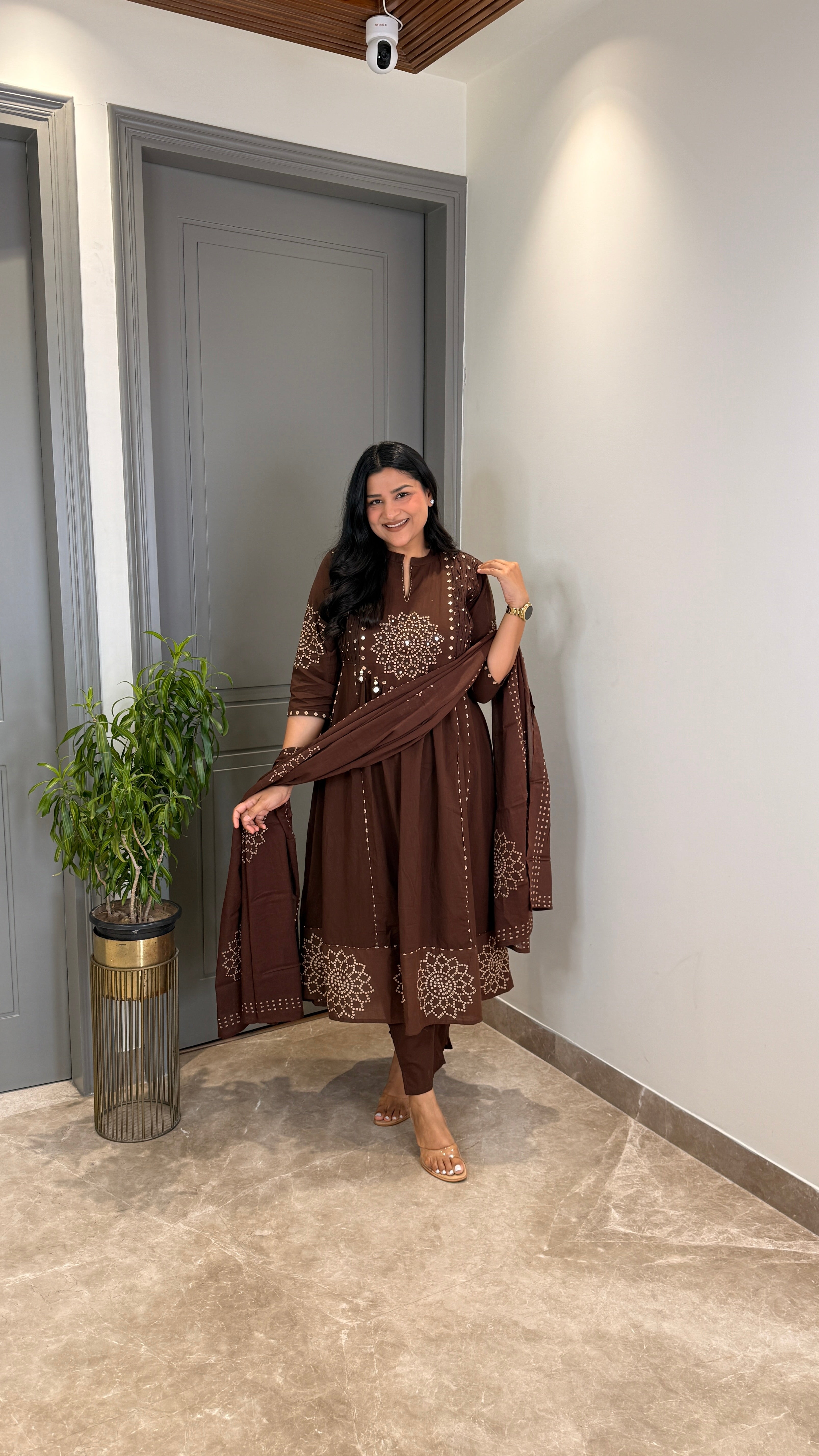 Brown Bandhej Anarkali Suit Set shrisa.in