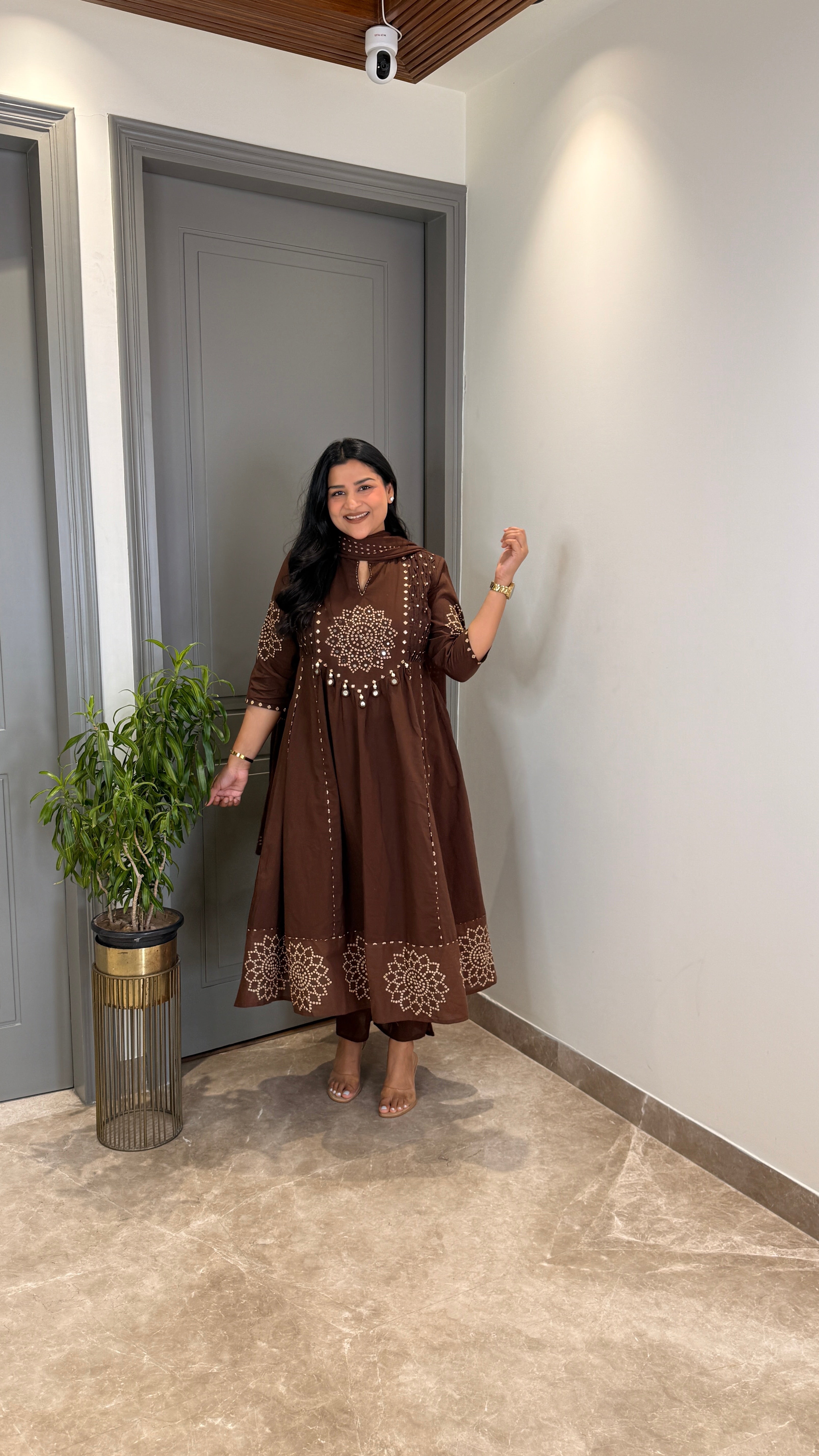 Brown Bandhej Anarkali Suit Set shrisa.in