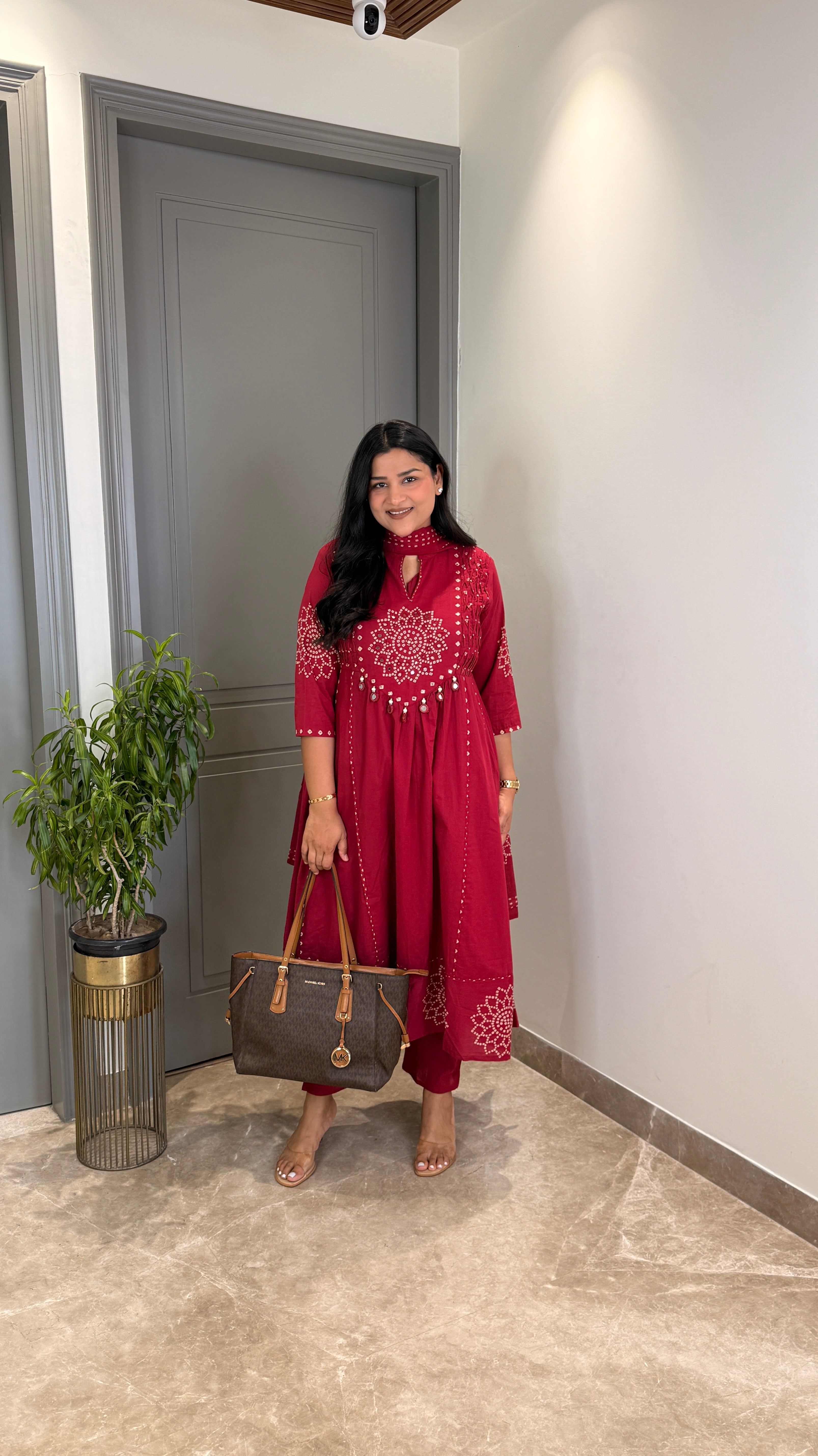 Red Bandhej Anarkali Suit Set shrisa.in