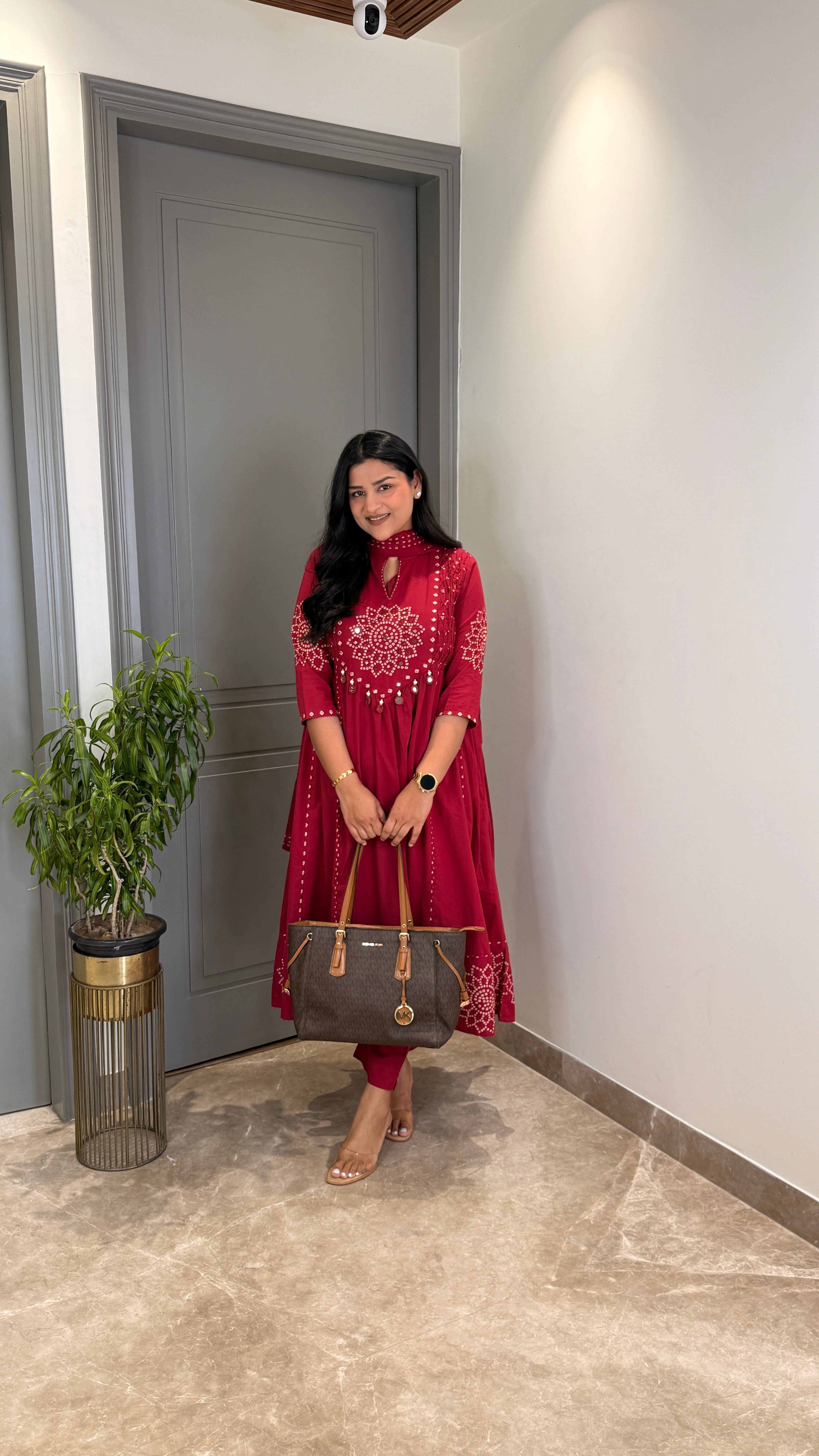 Red Bandhej Anarkali Suit Set shrisa.in