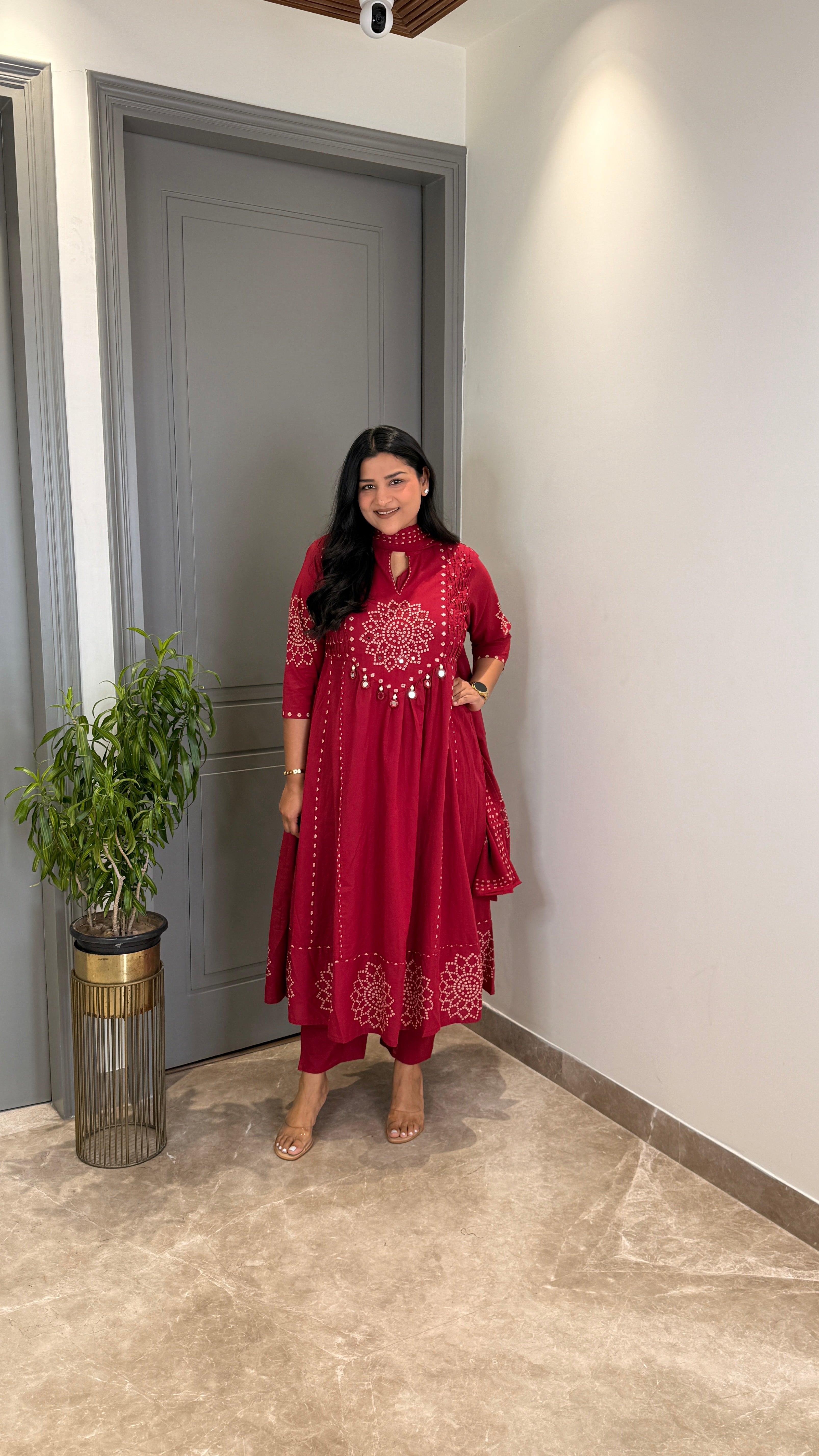 Red Bandhej Anarkali Suit Set shrisa.in