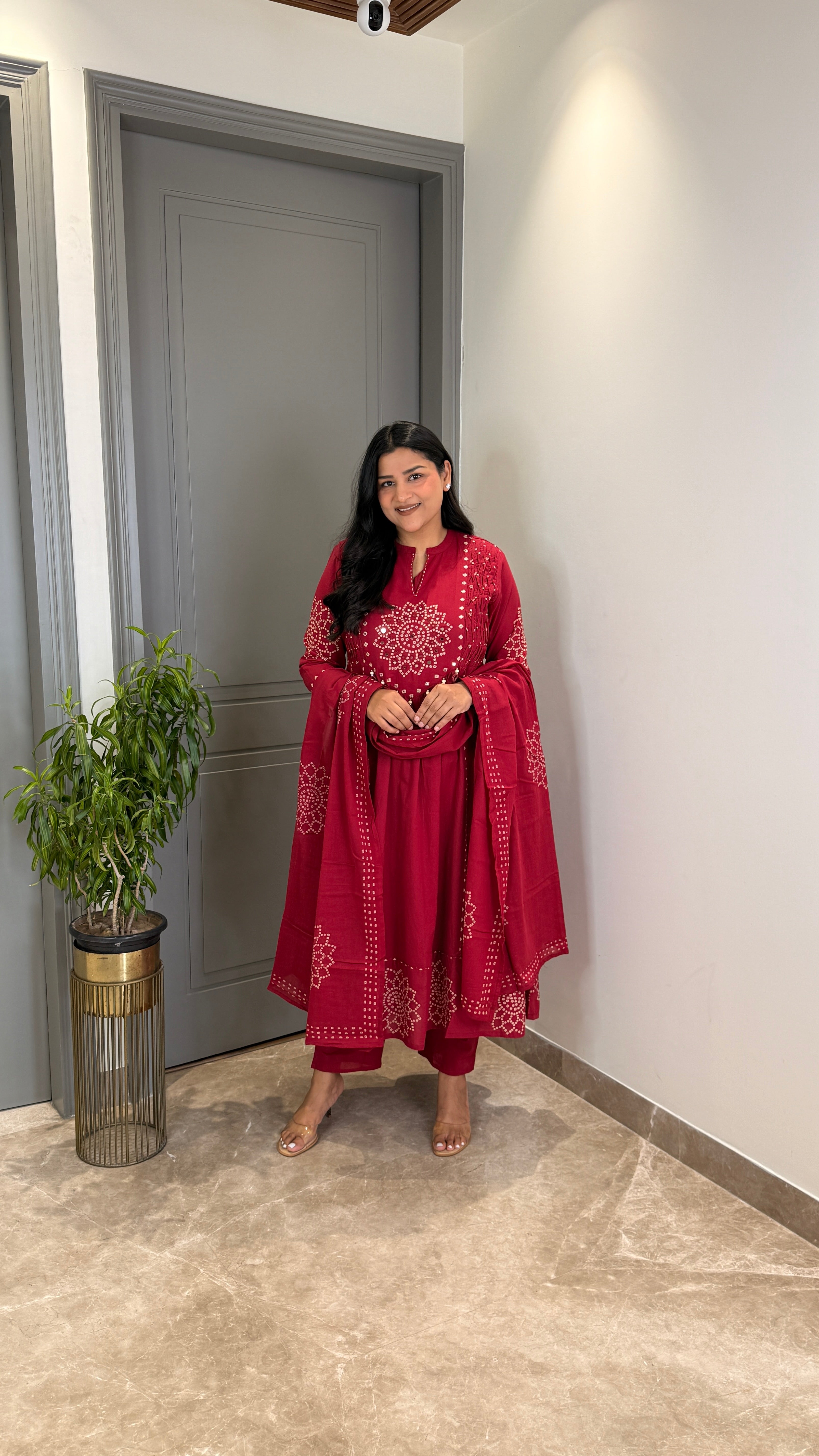 Red Bandhej Anarkali Suit Set shrisa.in