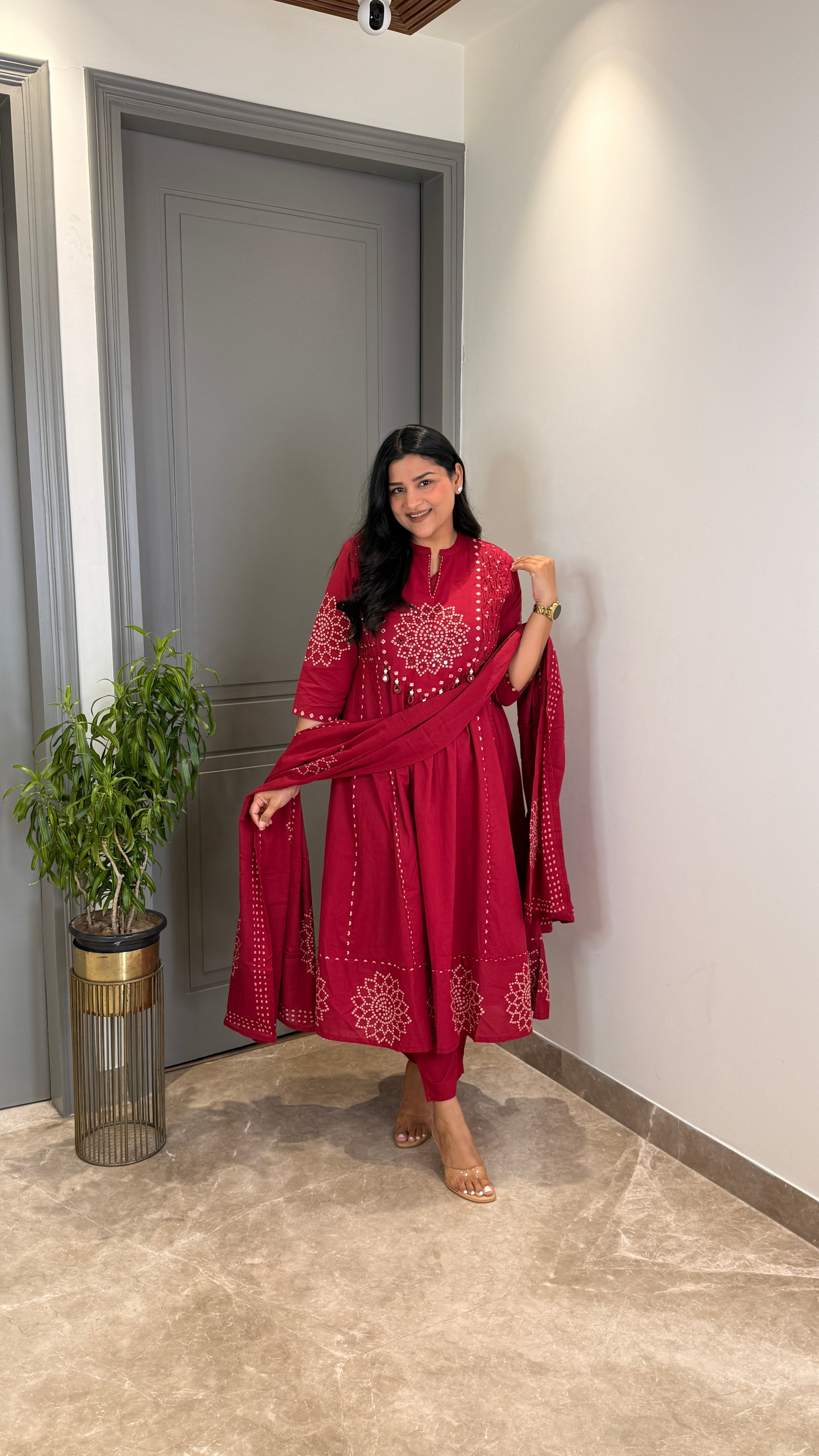 Red Bandhej Anarkali Suit Set shrisa.in