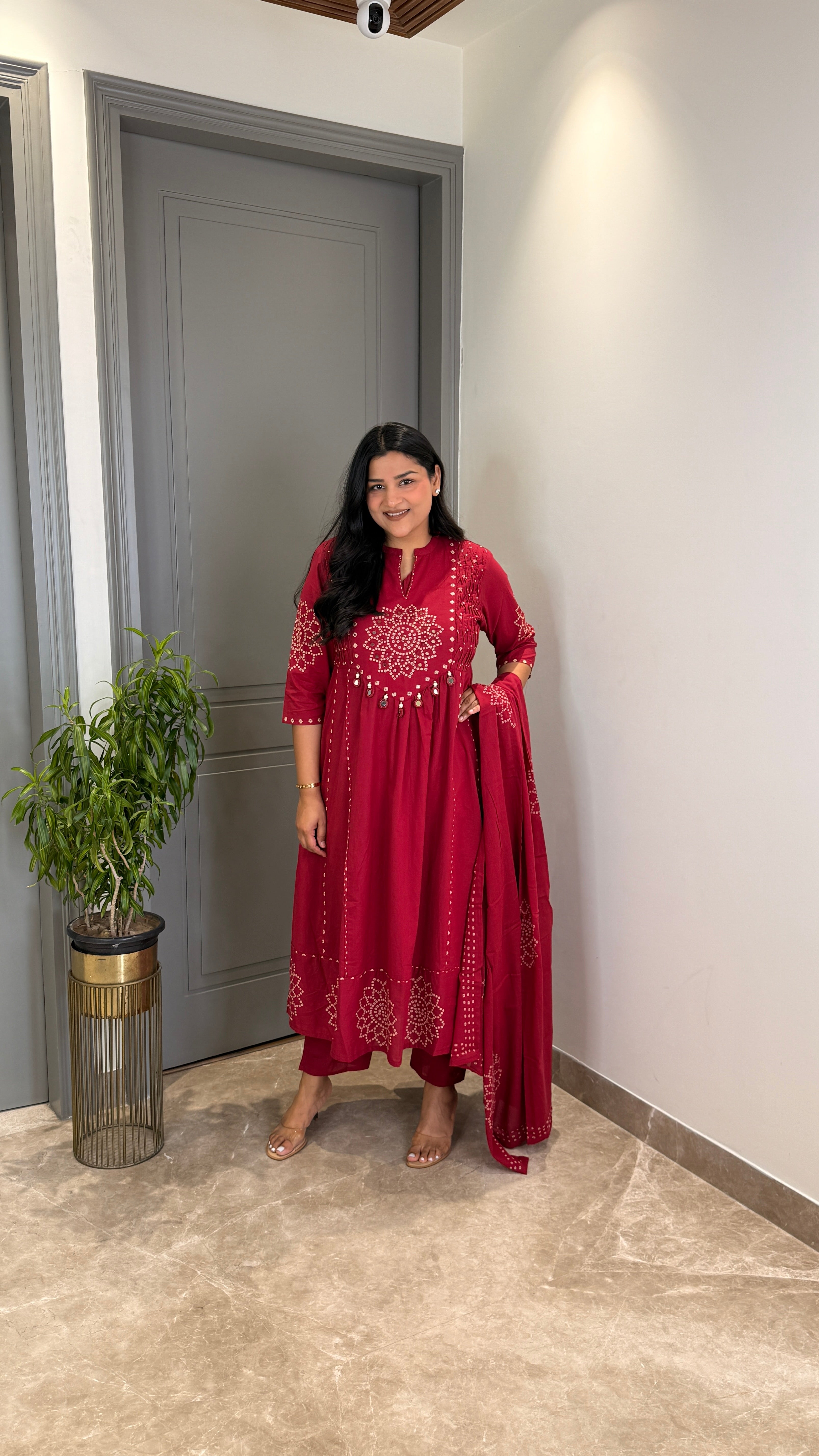 Red Bandhej Anarkali Suit Set shrisa.in