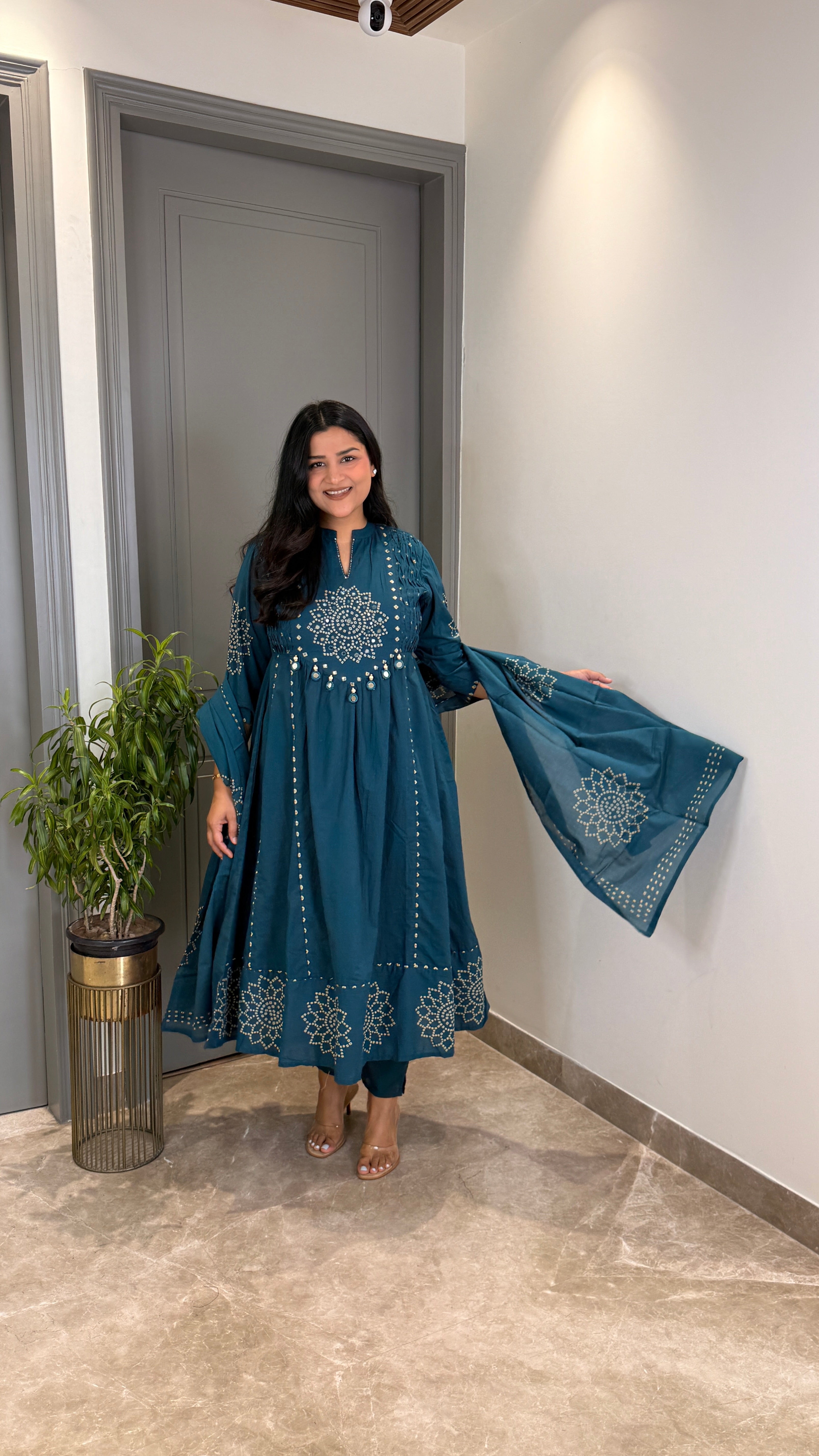 Teal Blue Bandhej Anarkali Suit Set shrisa.in