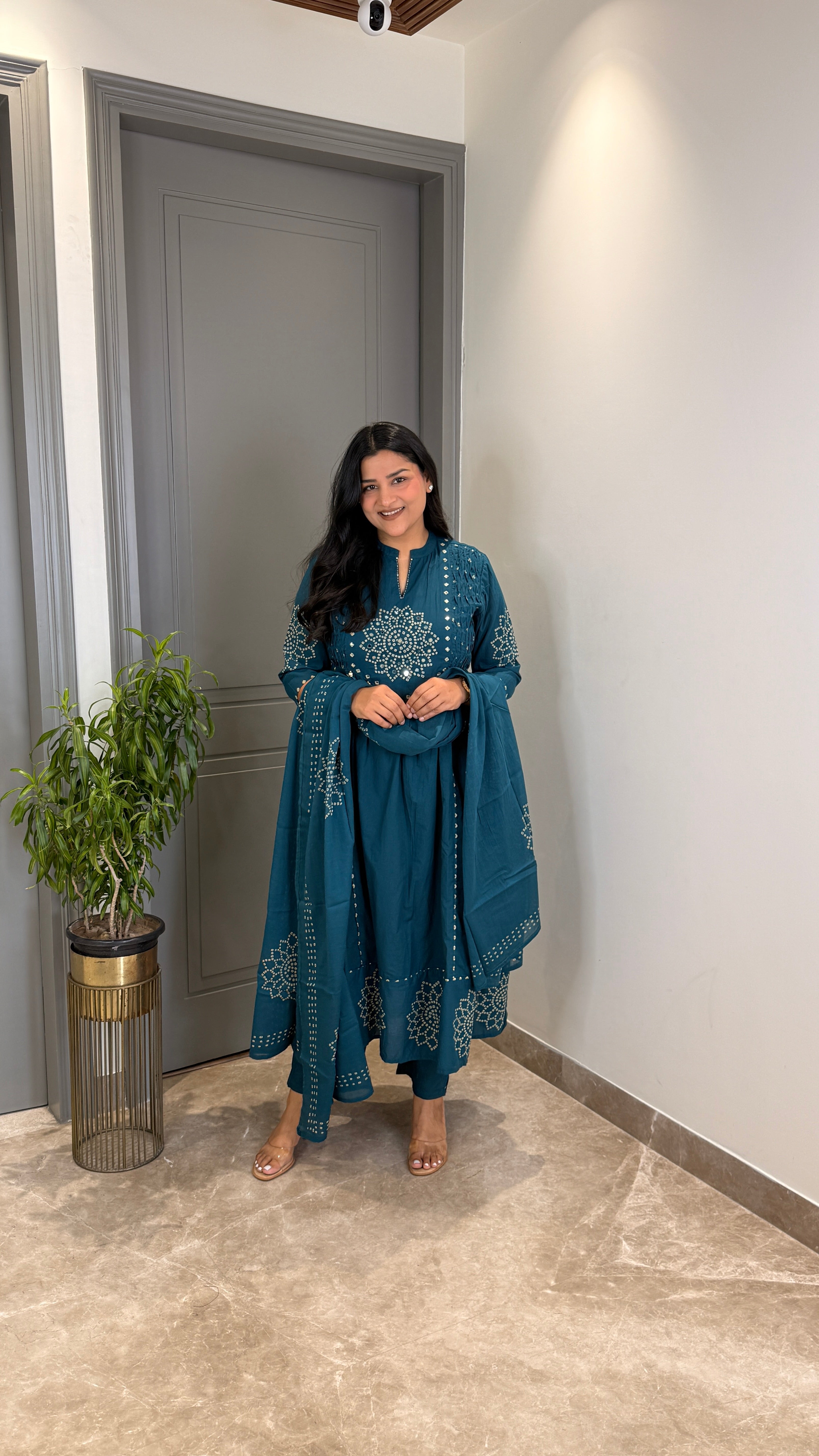 Teal Blue Bandhej Anarkali Suit Set shrisa.in