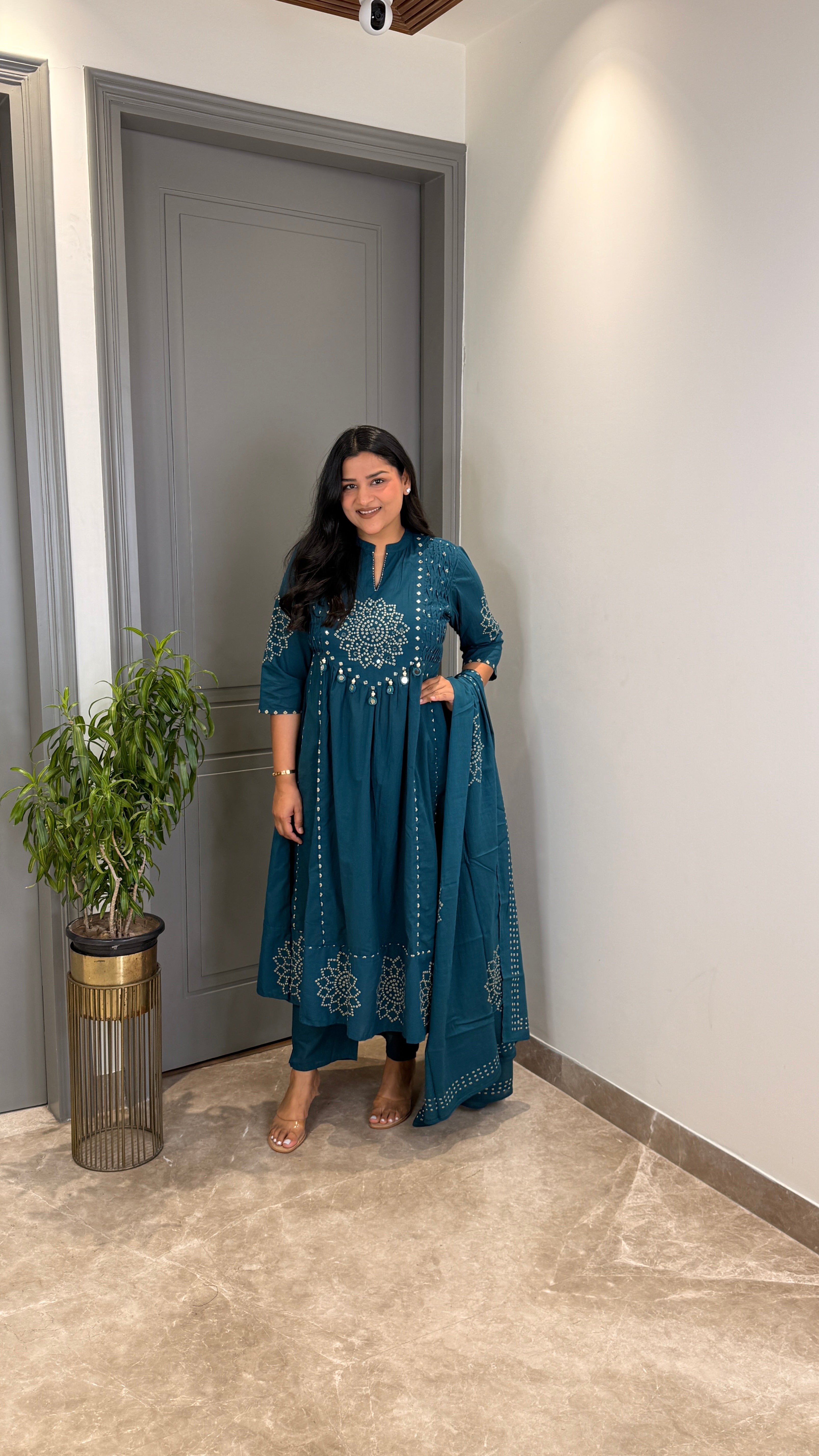 Teal Blue Bandhej Anarkali Suit Set shrisa.in