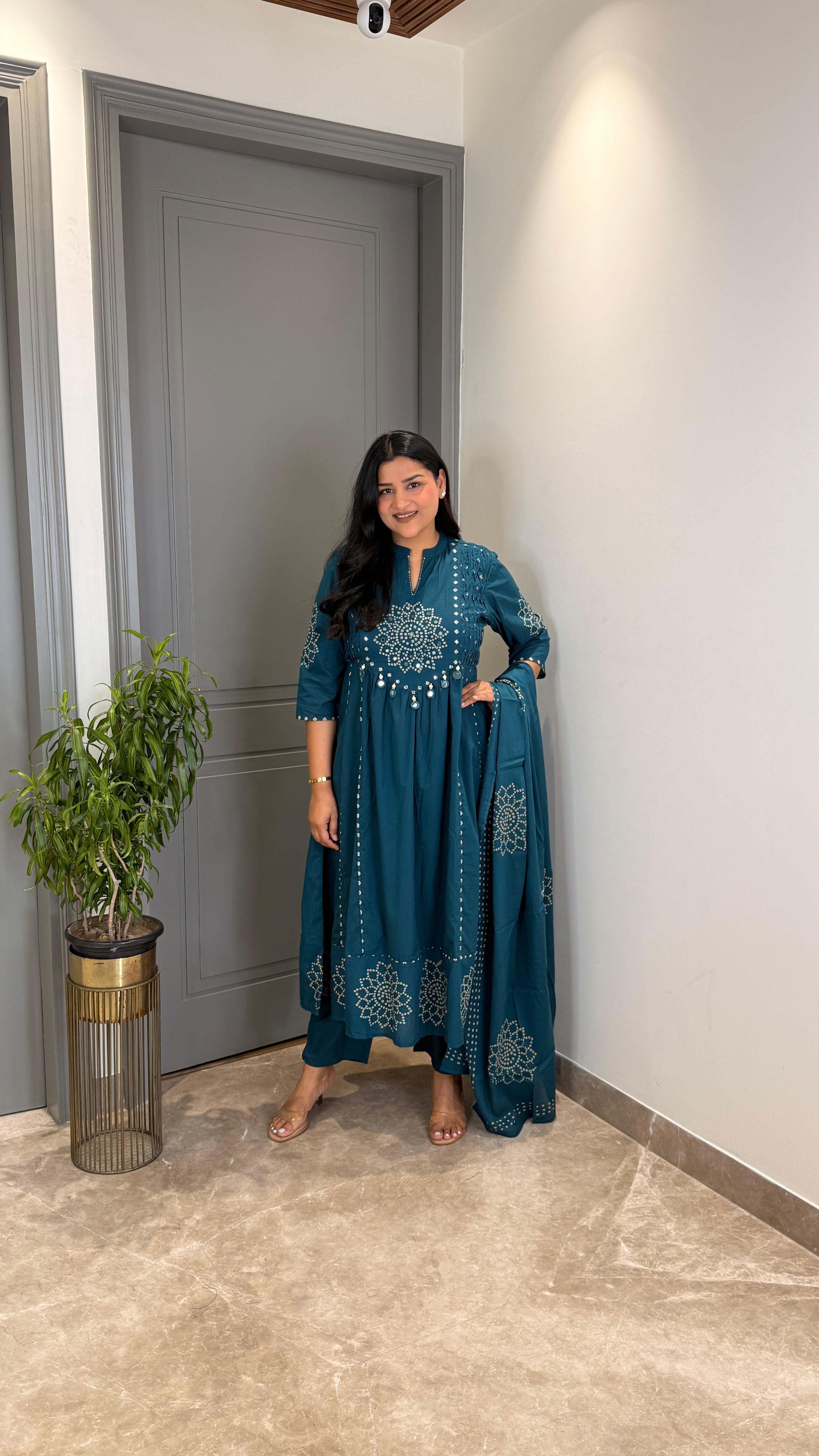 Teal Blue Bandhej Anarkali Suit Set shrisa.in