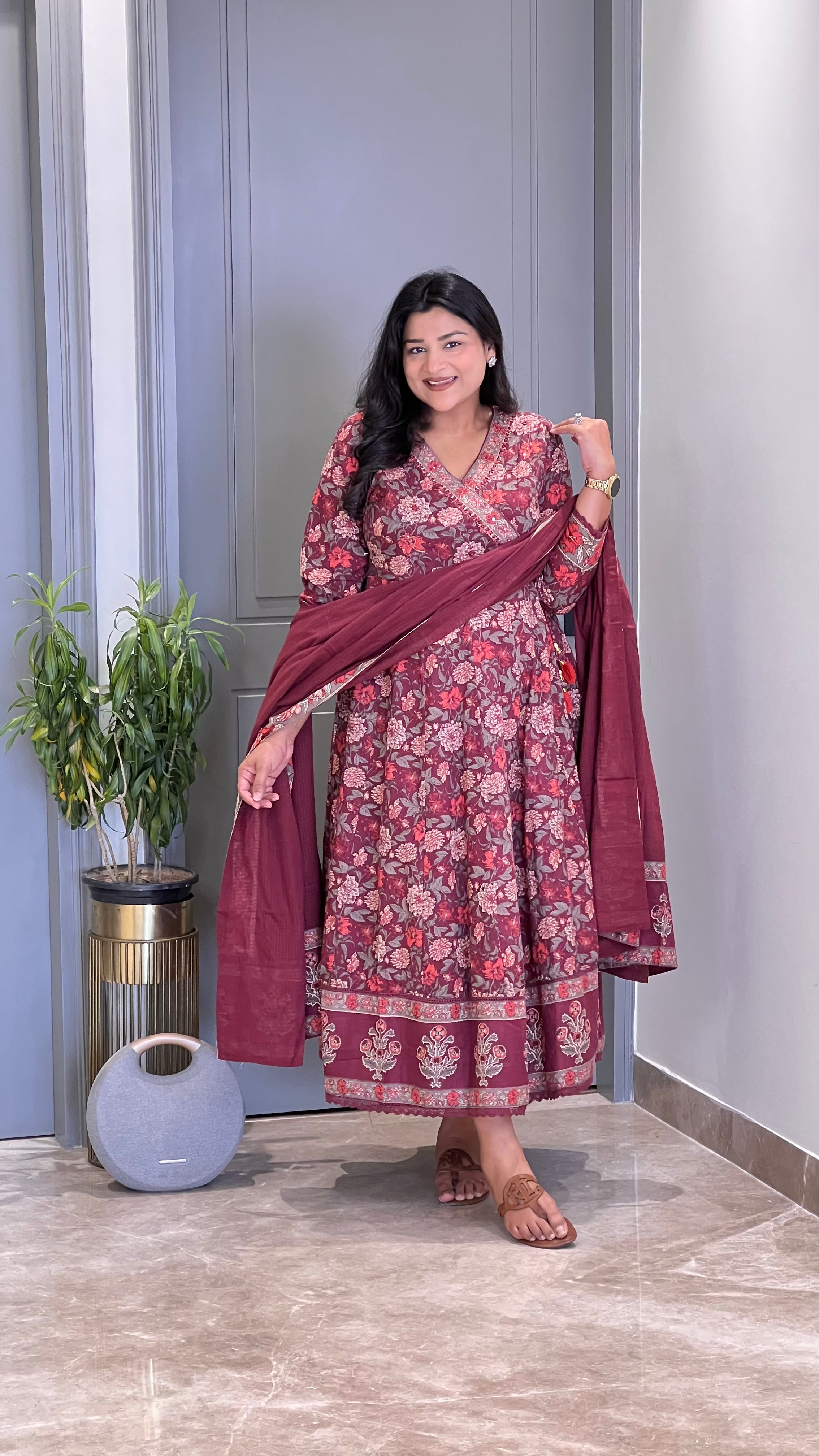 Maroon & Grey Anarkali Suit Set