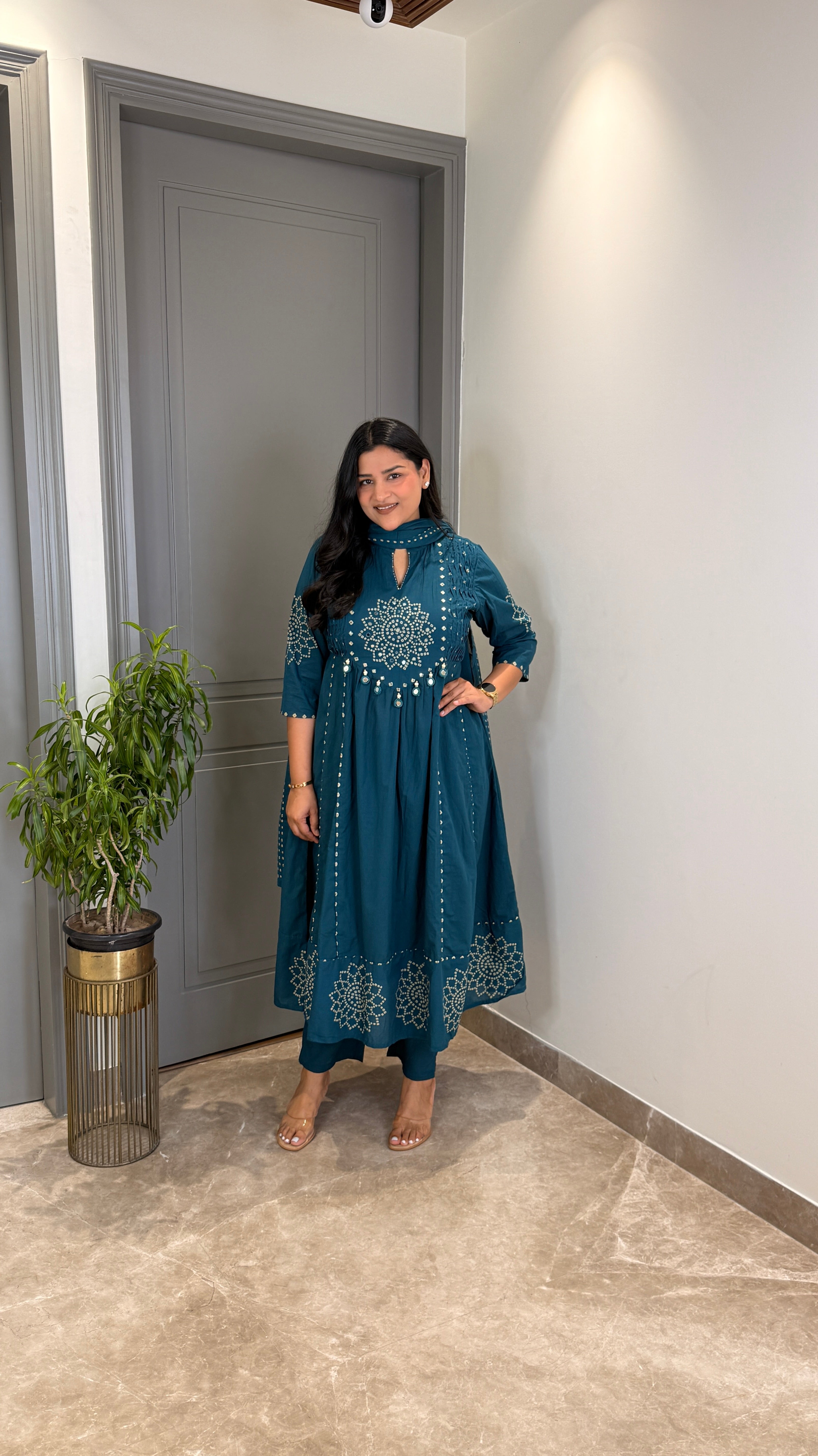 Teal Blue Bandhej Anarkali Suit Set shrisa.in