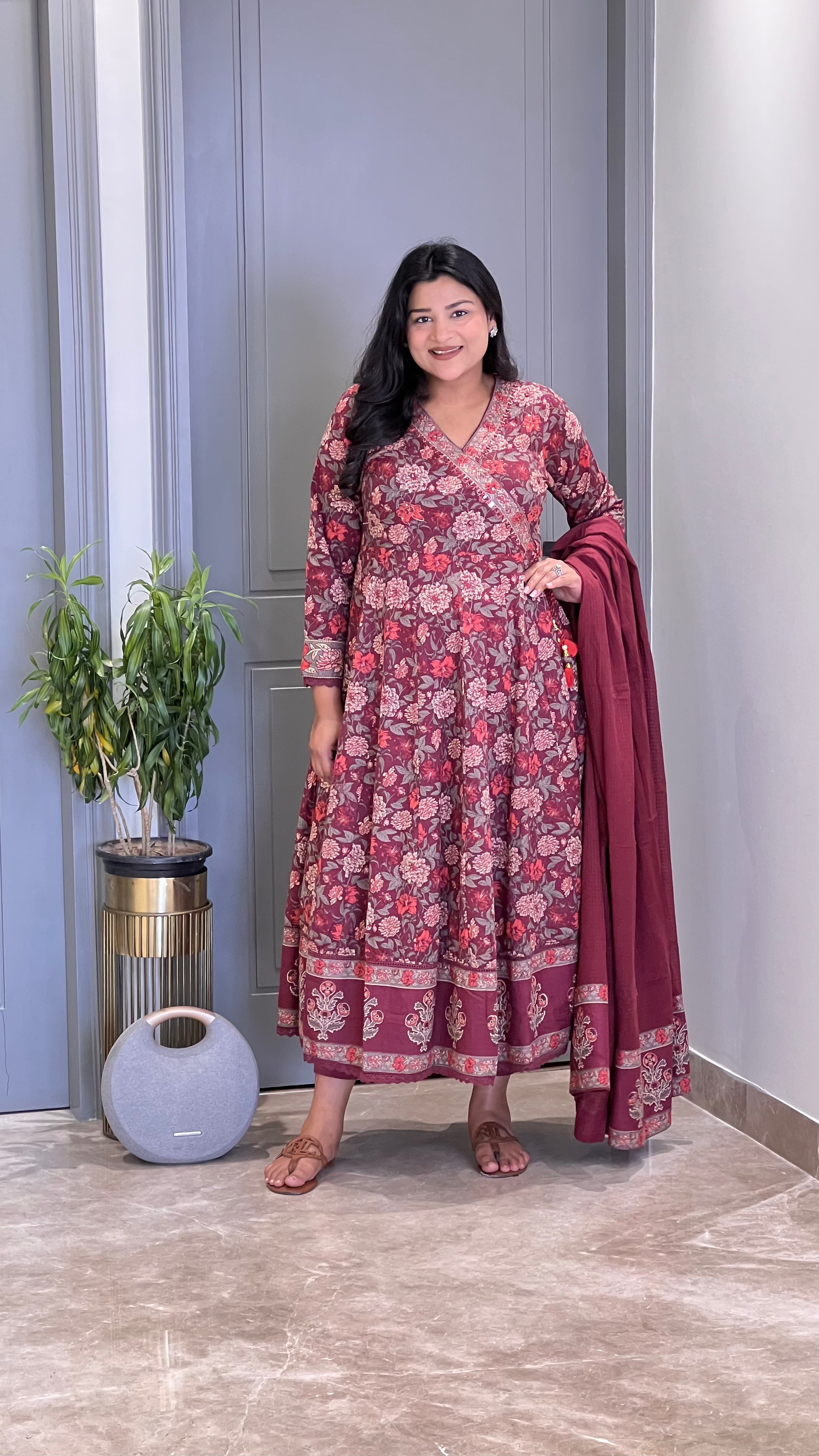 Maroon & Grey Anarkali Suit Set