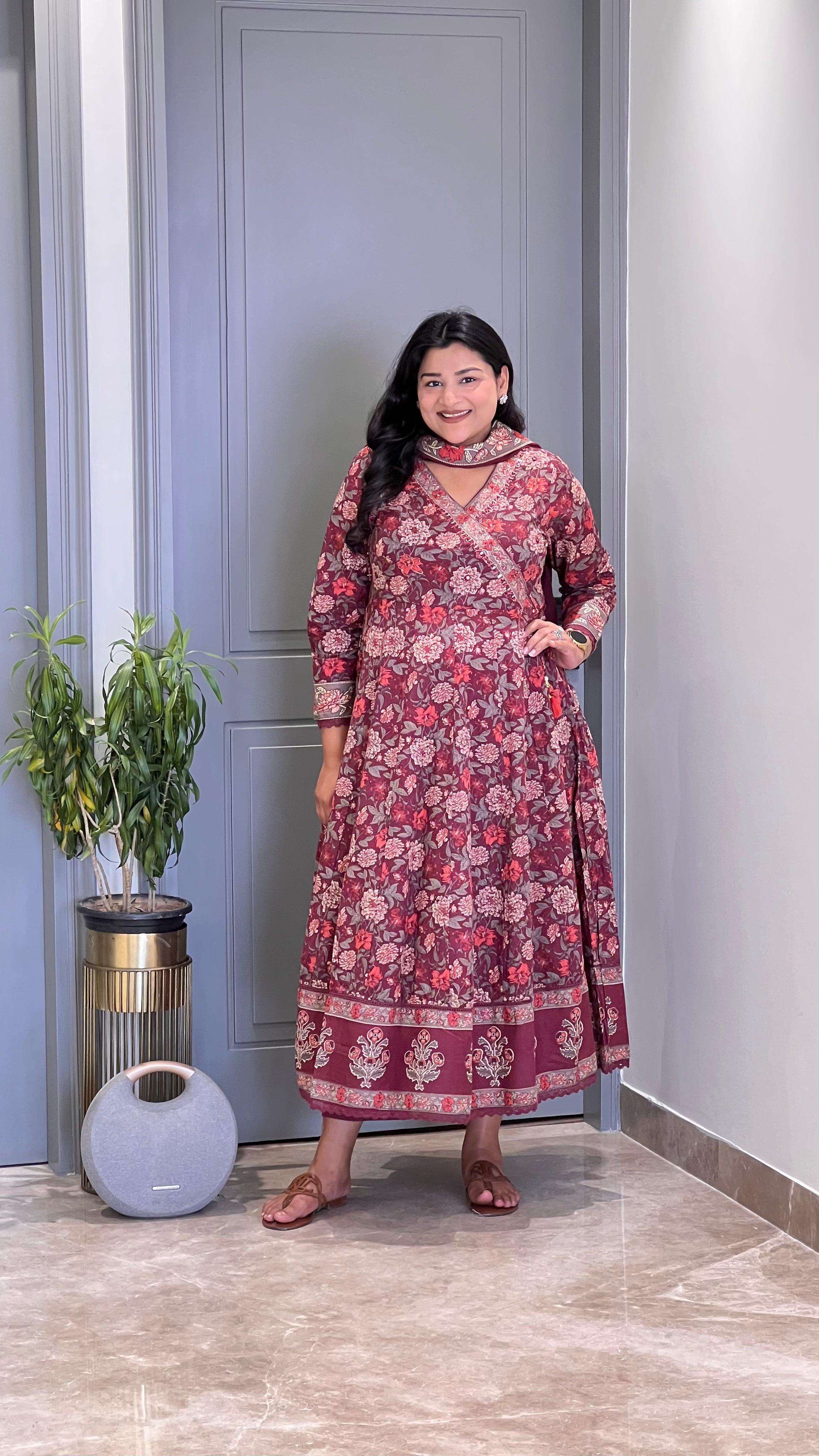 Maroon & Grey Anarkali Suit Set