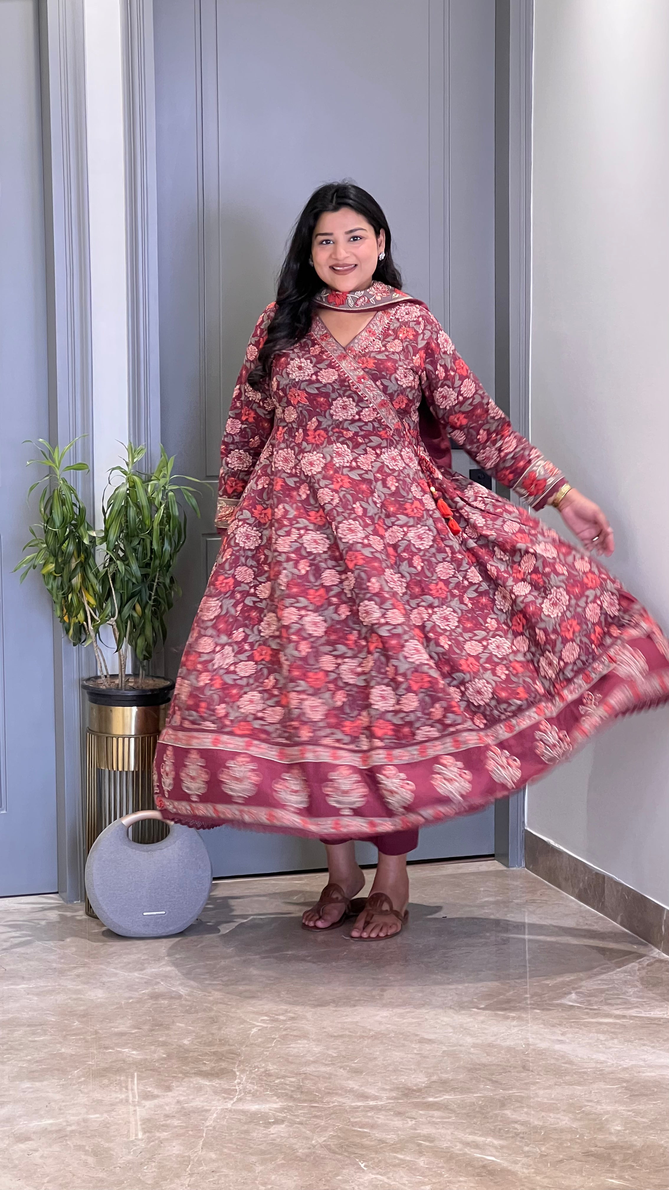 Maroon & Grey Anarkali Suit Set