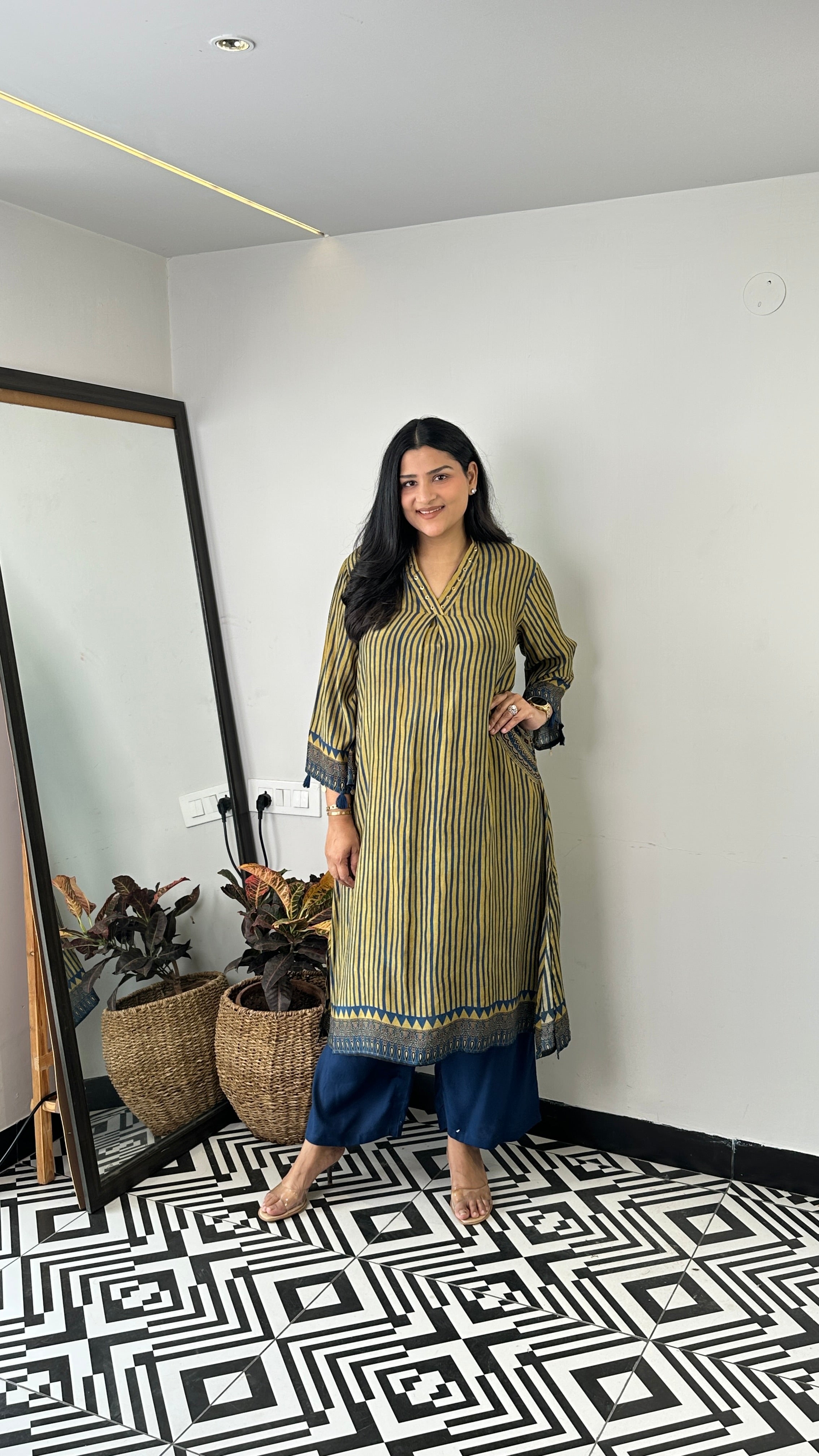 Green Stripes Pure Muslin Kurta Pants shrisa.in