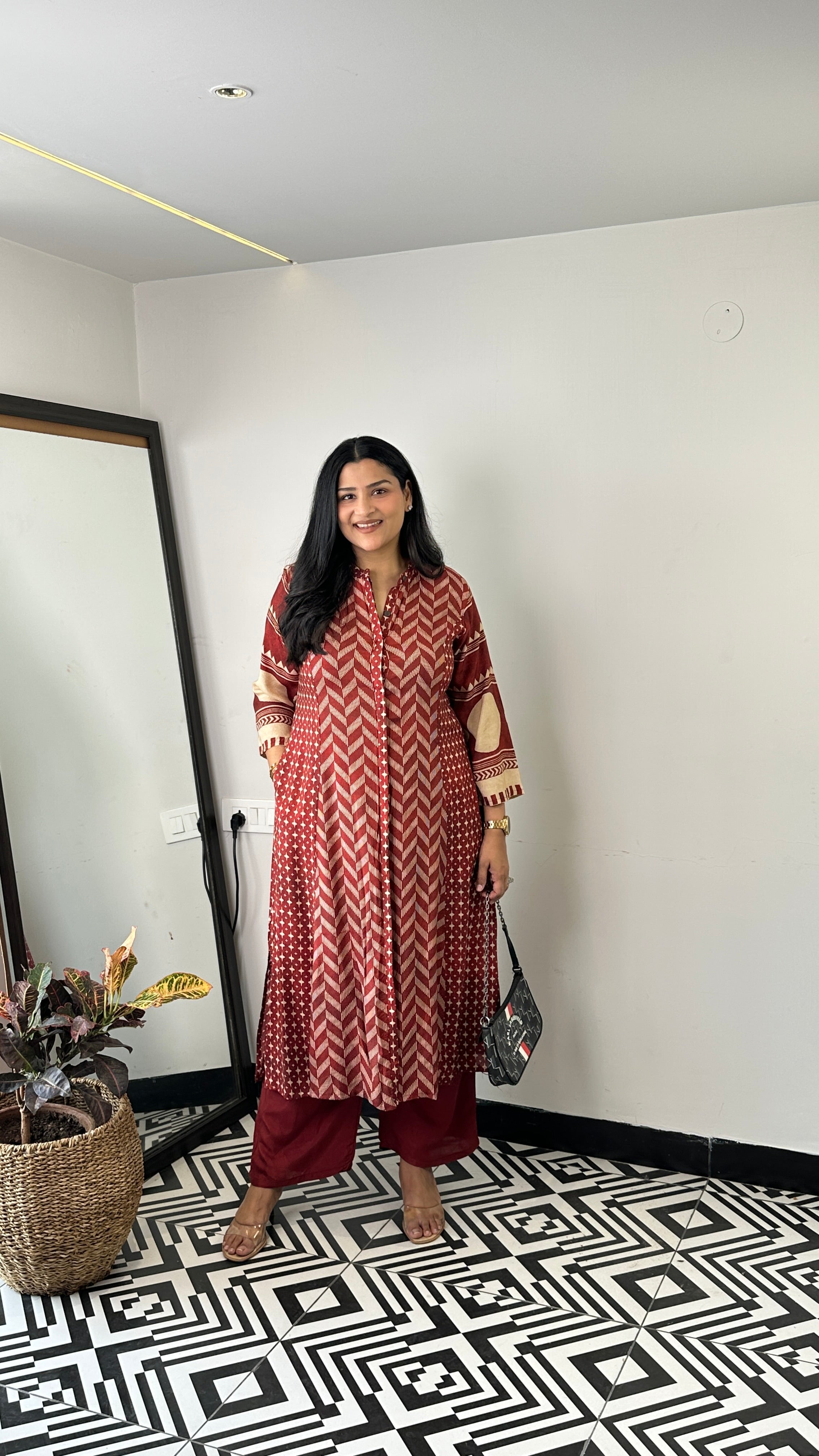 Herringbone Red Muslin Kurta Pants shrisa.in