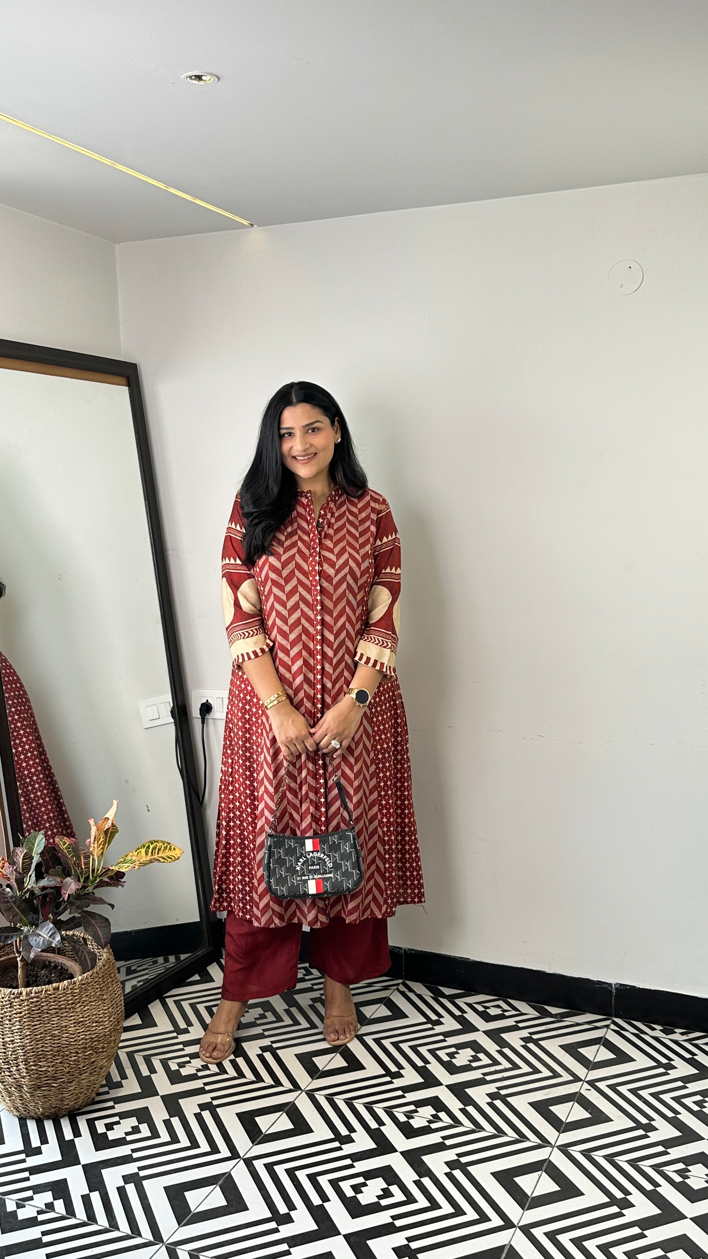 Herringbone Red Muslin Kurta Pants shrisa.in