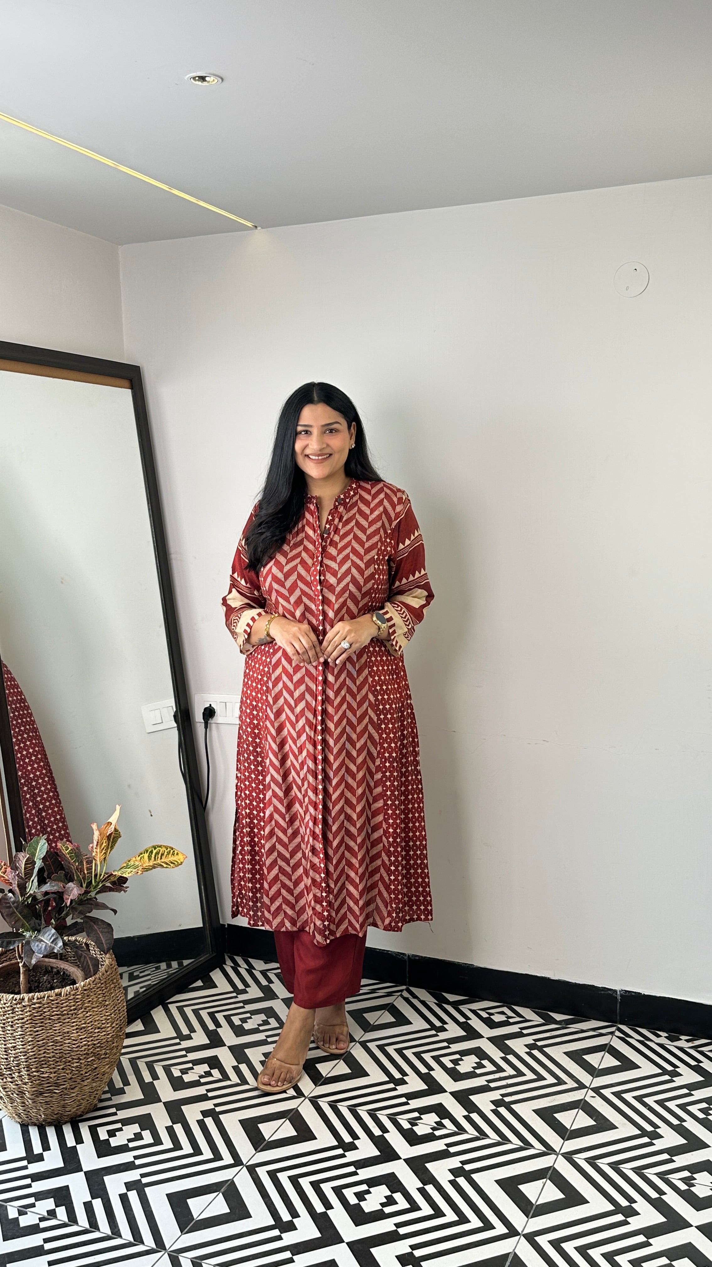 Herringbone Red Muslin Kurta Pants shrisa.in