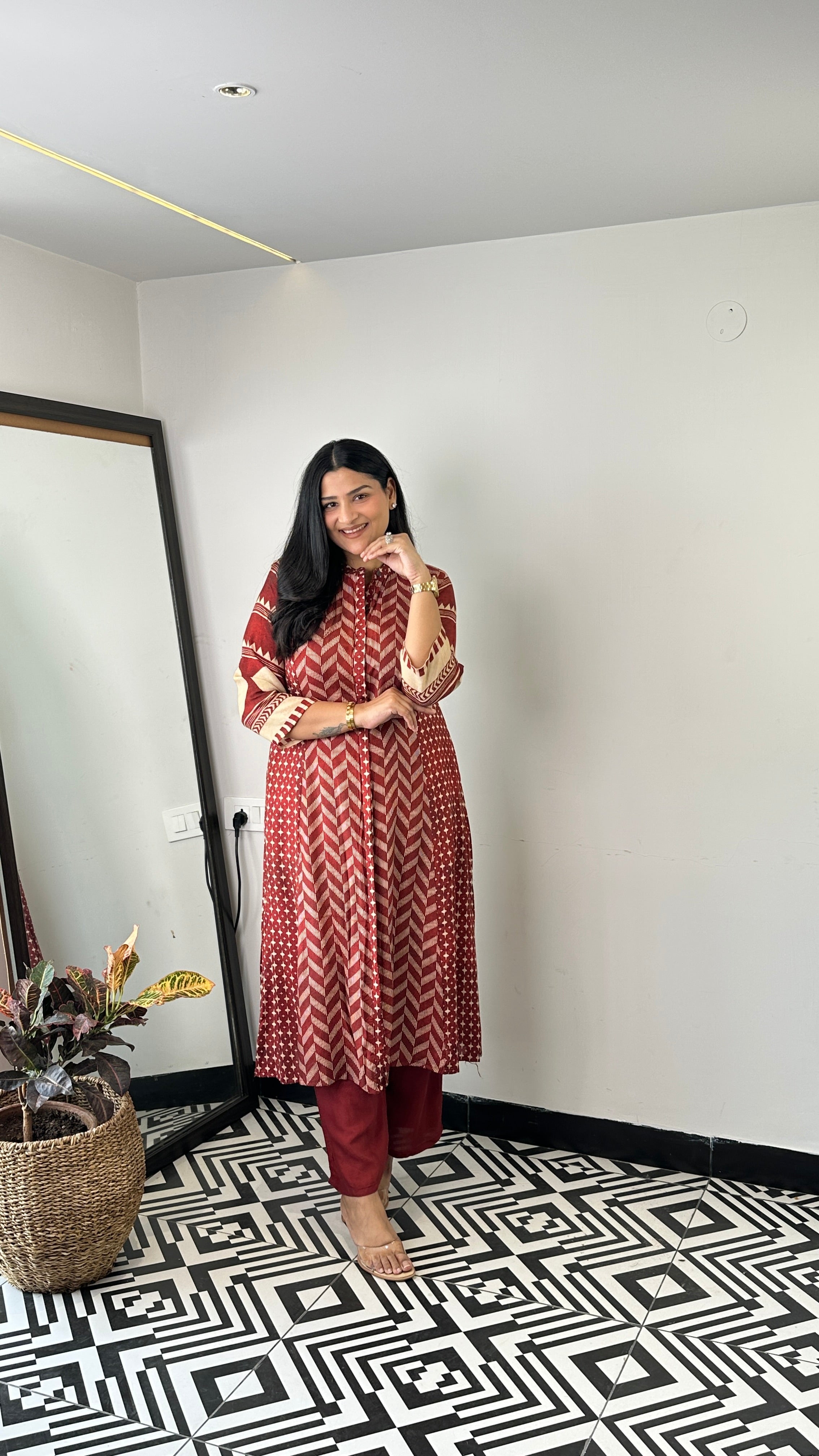 Herringbone Red Muslin Kurta Pants shrisa.in