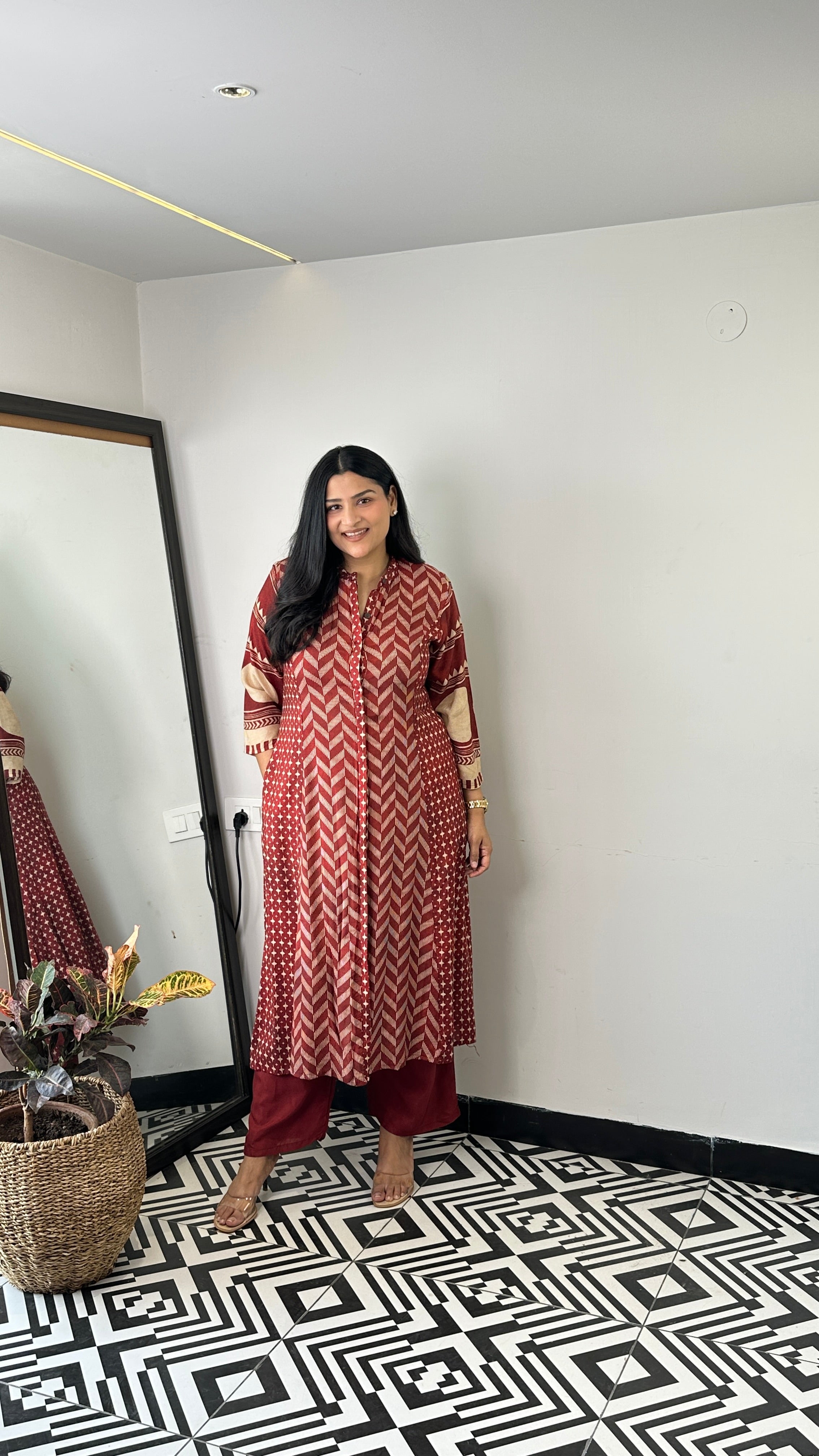 Herringbone Red Muslin Kurta Pants shrisa.in