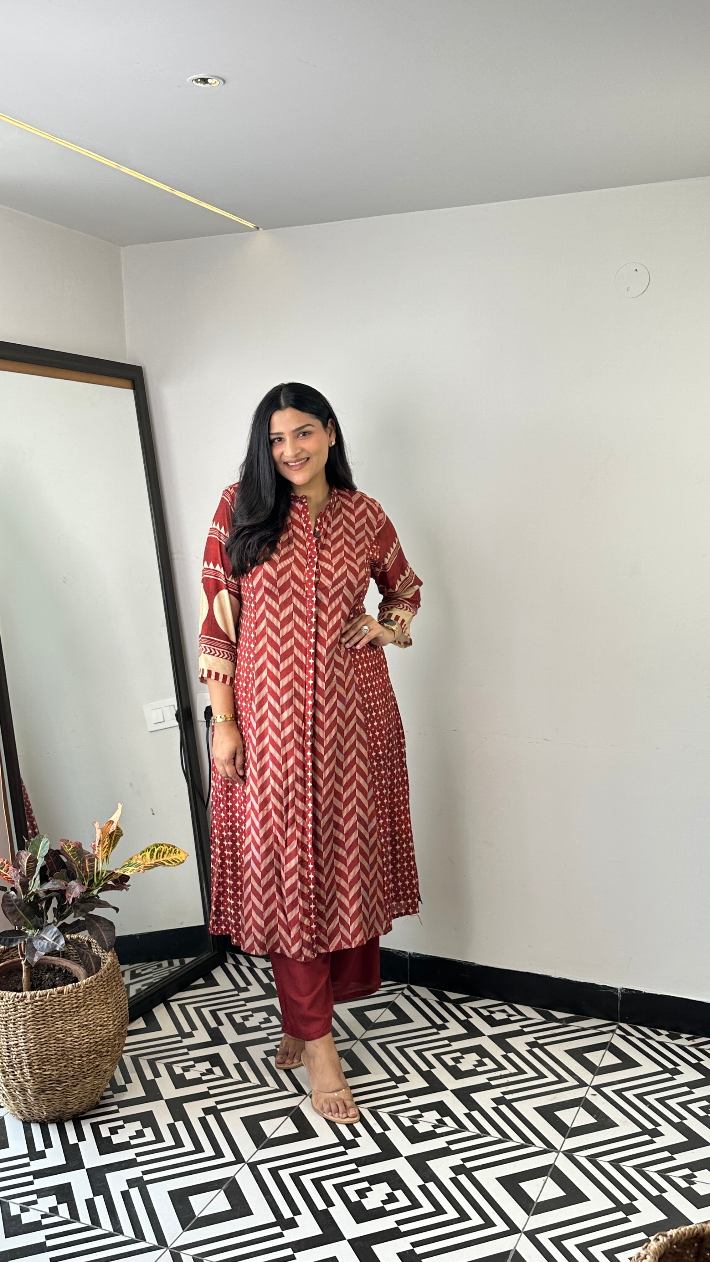 Herringbone Red Muslin Kurta Pants shrisa.in