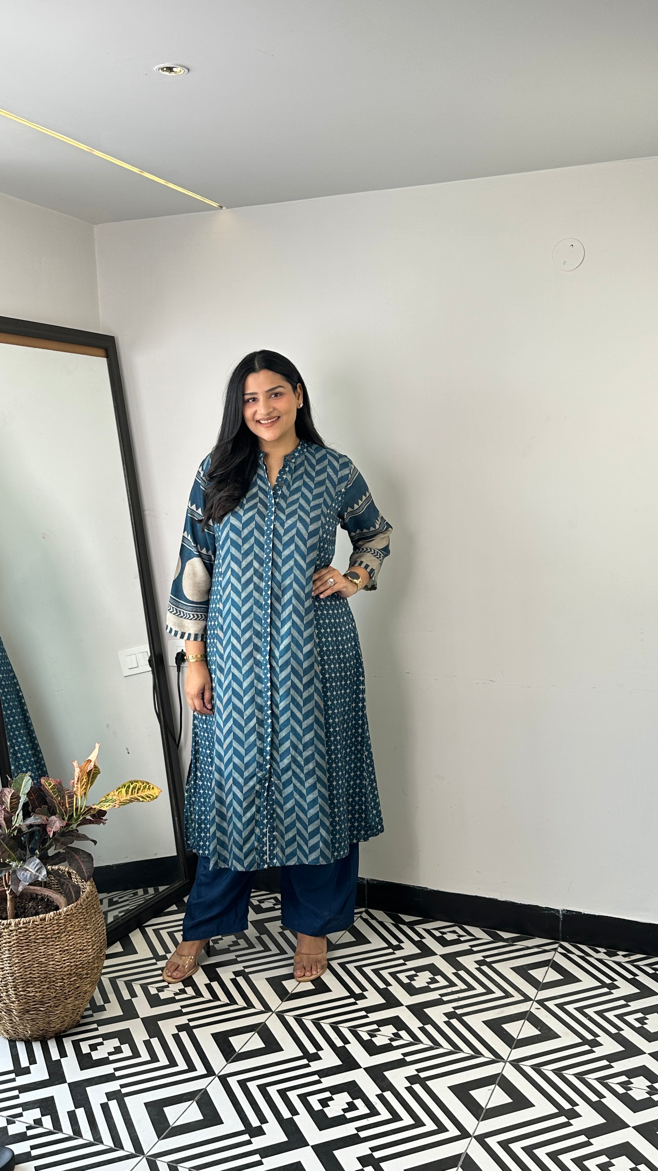 Herringbone Blue Muslin Kurta Pants shrisa.in