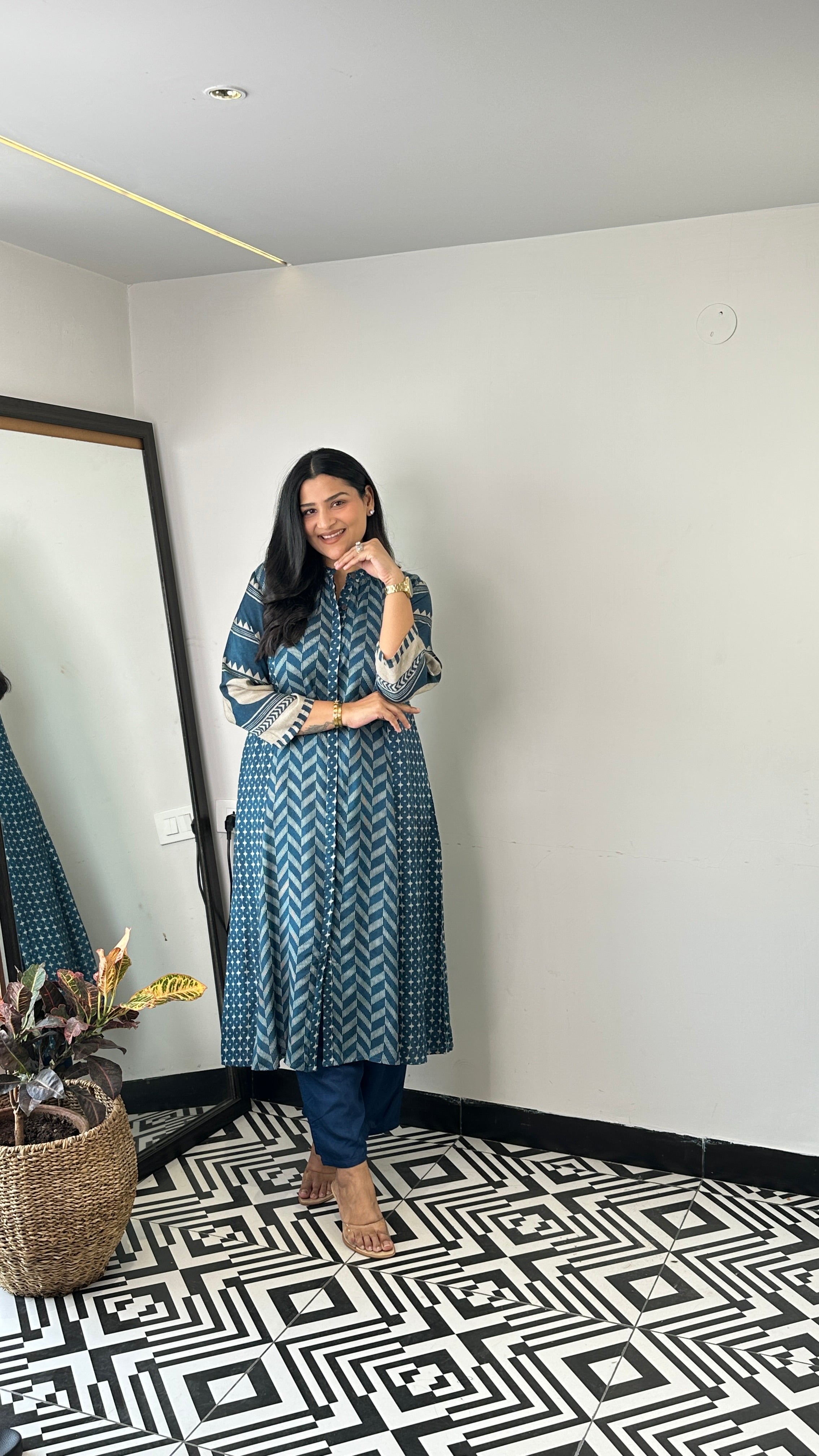 Herringbone Blue Muslin Kurta Pants shrisa.in