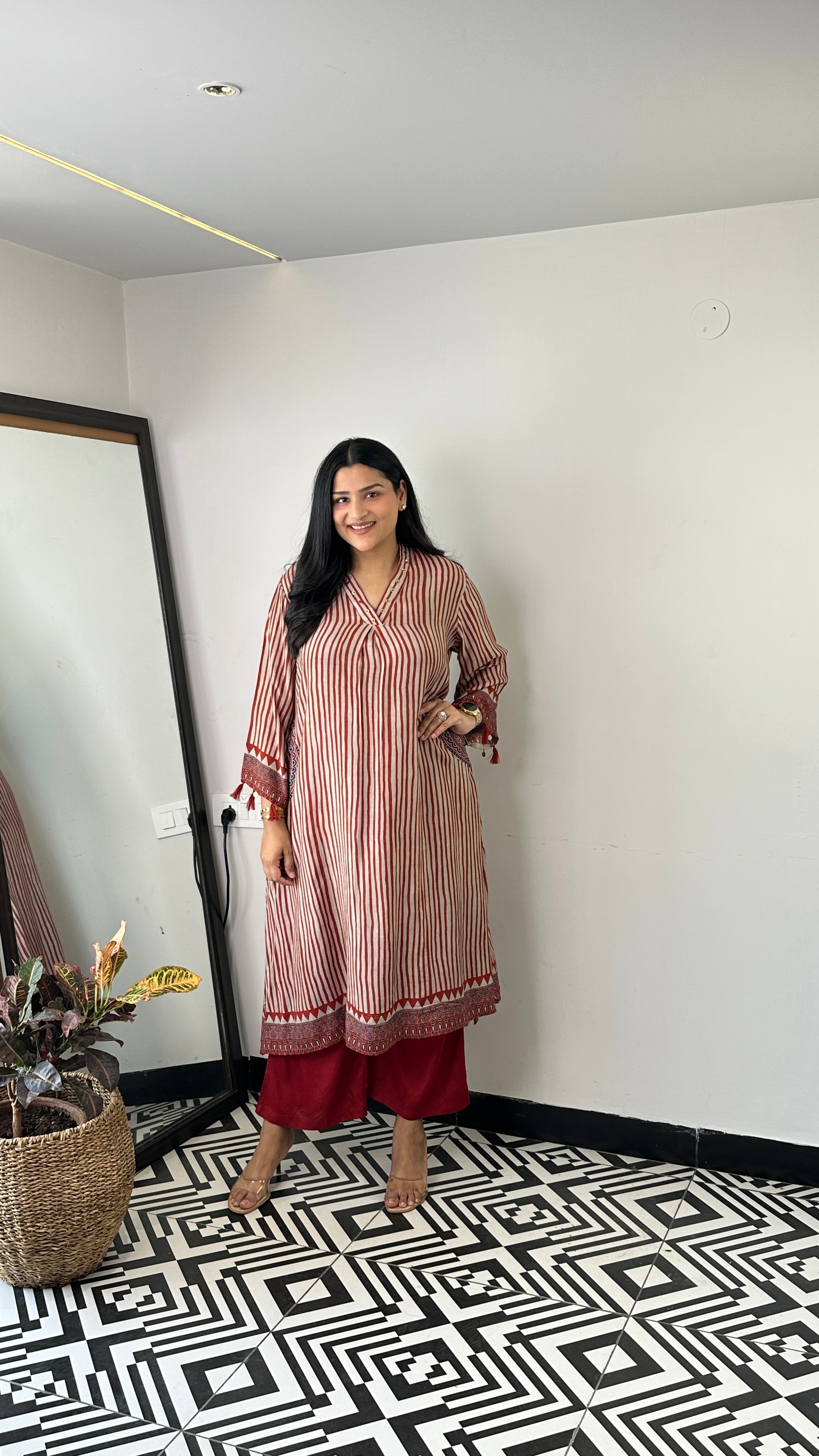Maroon Stripes Pure Muslin Kurta Pants shrisa.in