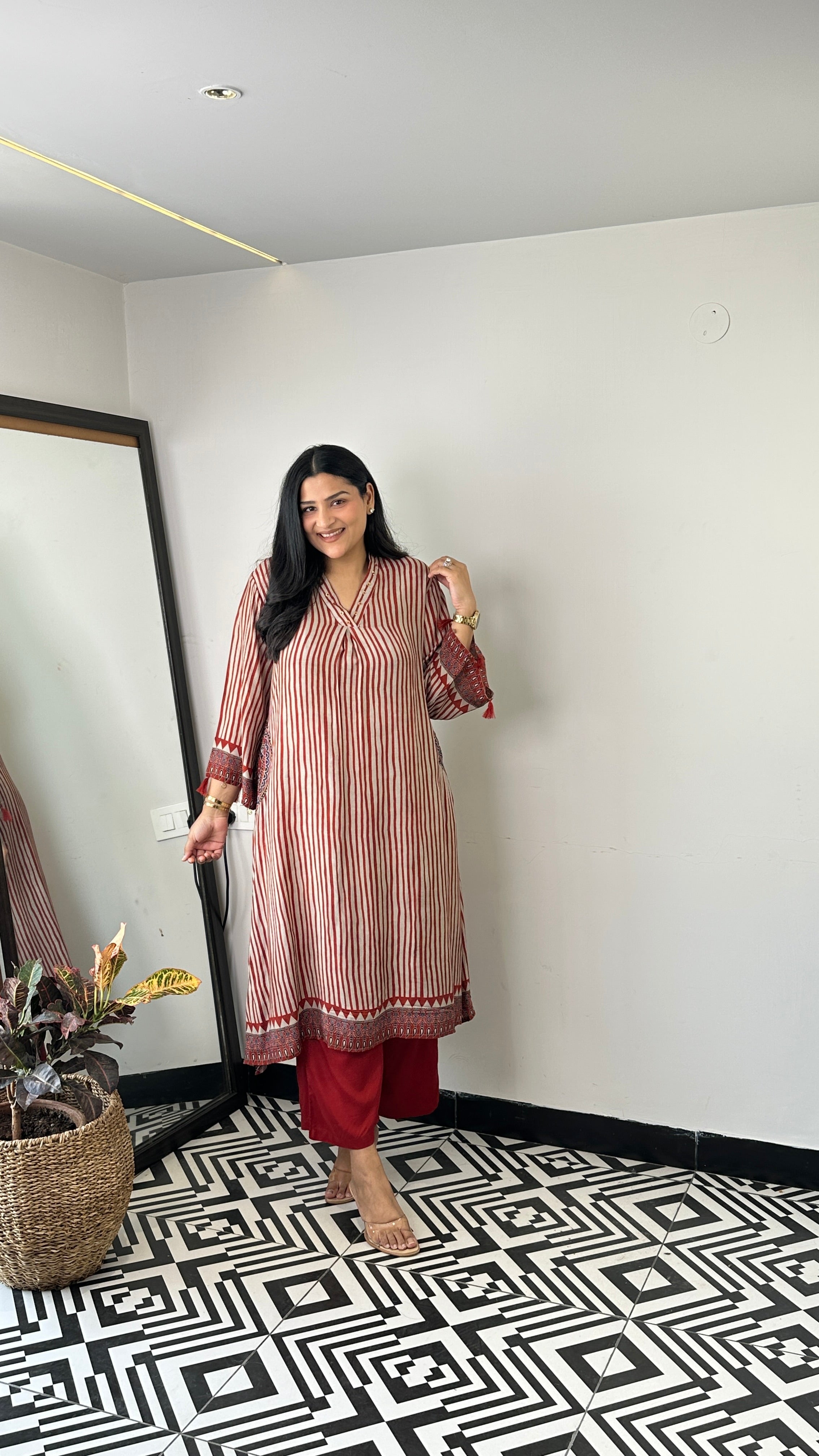 Maroon Stripes Pure Muslin Kurta Pants shrisa.in