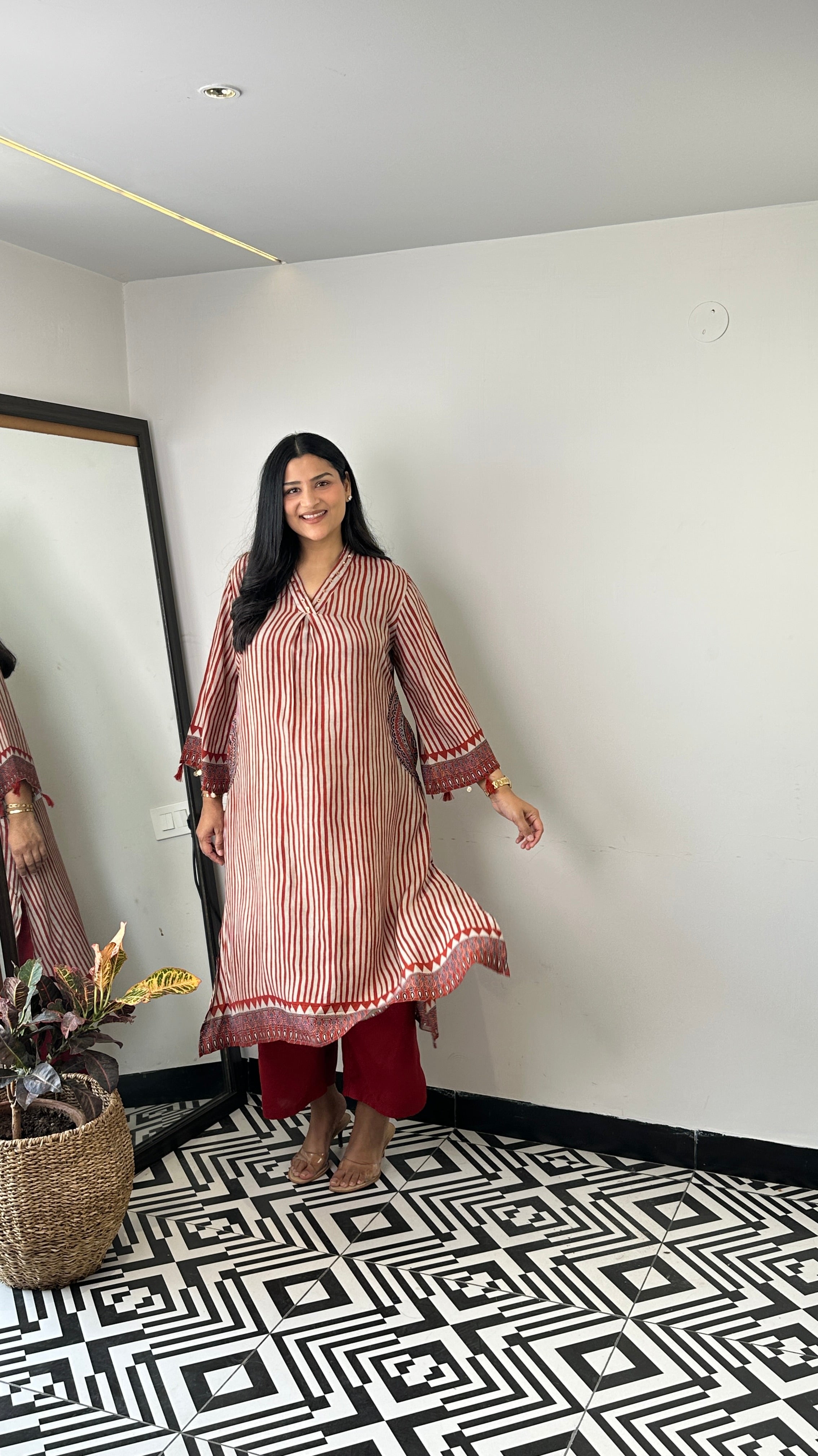 Maroon Stripes Pure Muslin Kurta Pants shrisa.in
